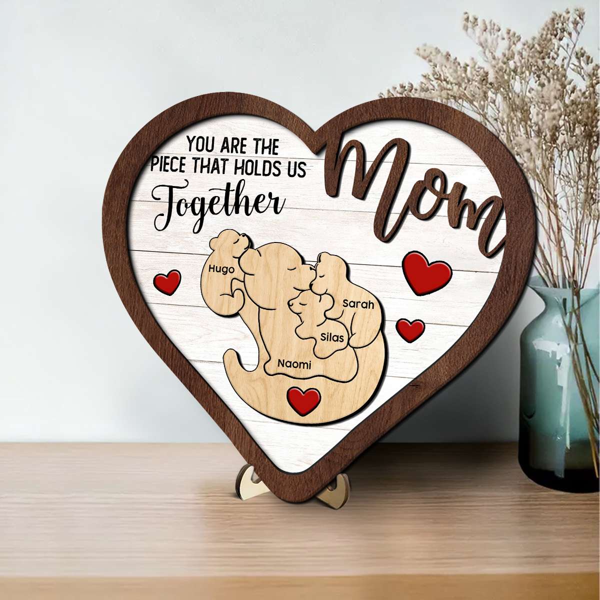 Personalized Heart-Shaped Wooden Sign Custom Names with 3D Bear Family Design