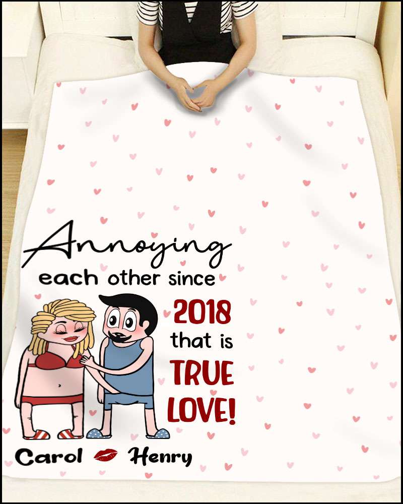 Annoying Each Other - Personalized Couple Fleece Blanket Custom Funny Chibi