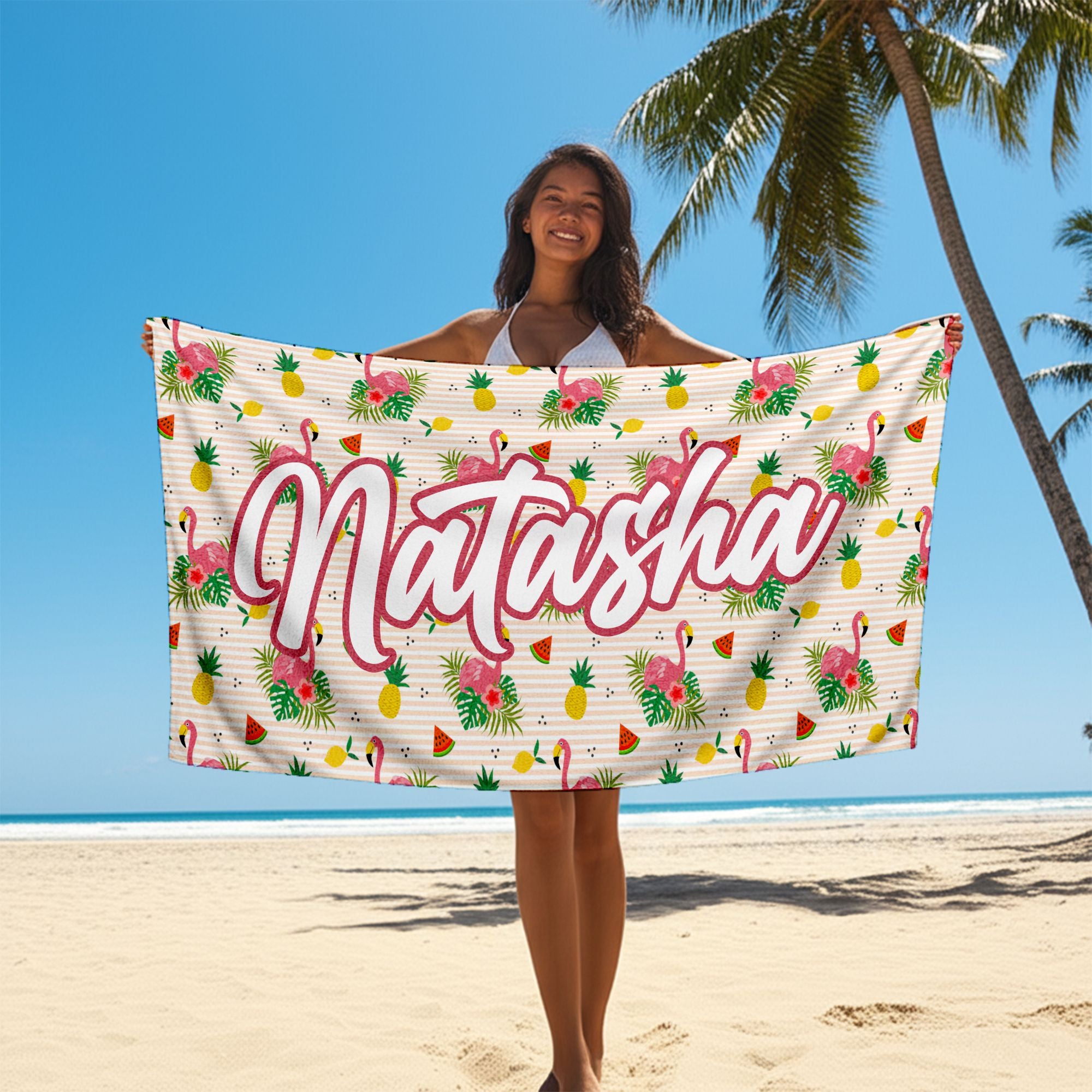 Summer Vibes Custom Name Tropical Pattern Personalized Microfiber Beach Towel