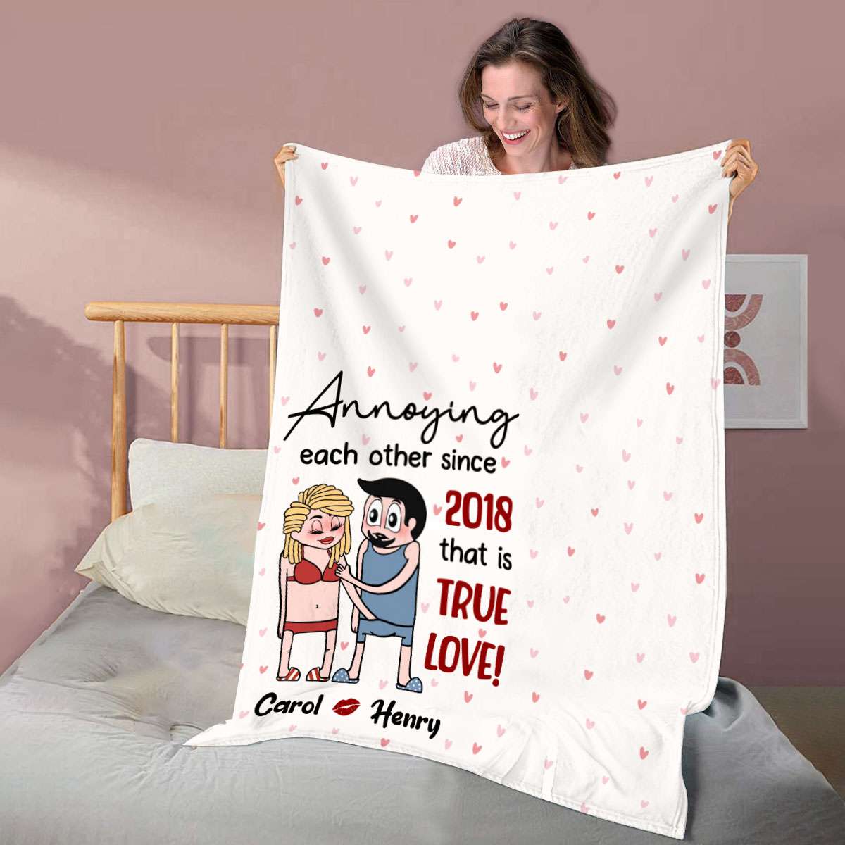 Annoying Each Other - Personalized Couple Fleece Blanket Custom Funny Chibi