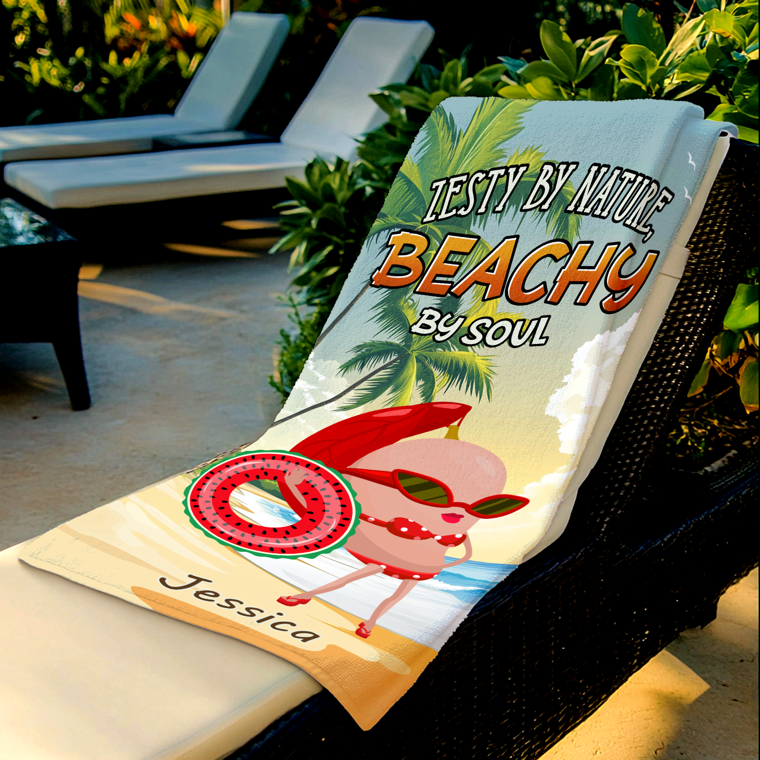 Zesty by nature, beachy by soul Personalized Funny Beach Towel Gifts For Girls
