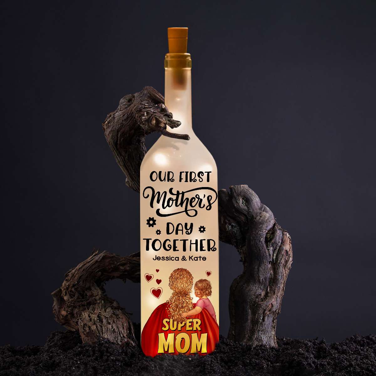 Super Mom Personalized Bottle Lamp - Custom Mother & Child with Names First Mother's Day Gifts