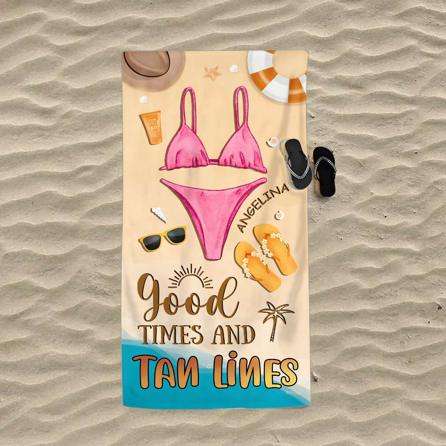 Good Times and Tan Lines - Personalized Beach Towel with Custom Name and Bikini Color