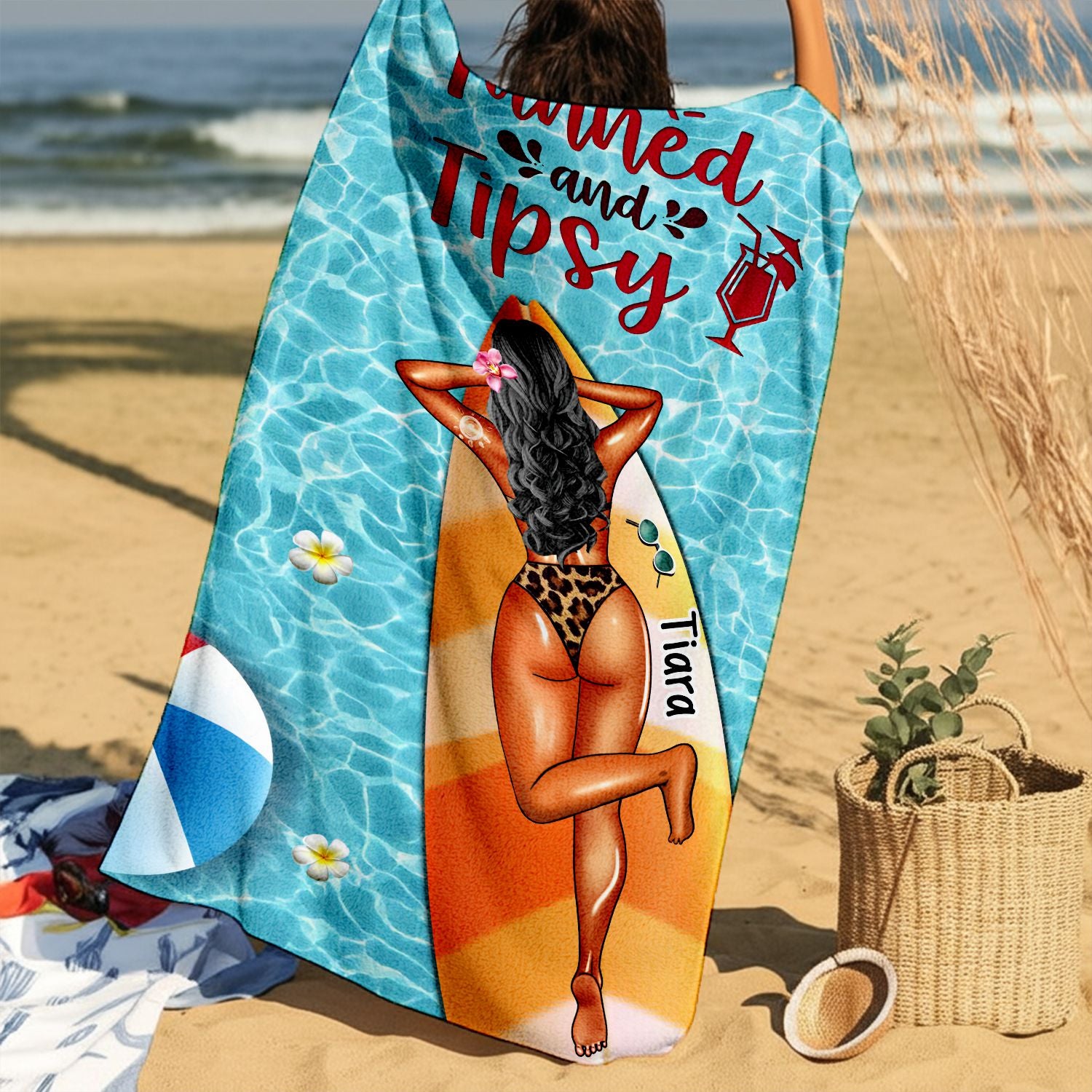 Tanned and Tipsy - Personalized Beach Towel with Custom Name - Birthday, Funny Gift For Her, Him, Besties, Family