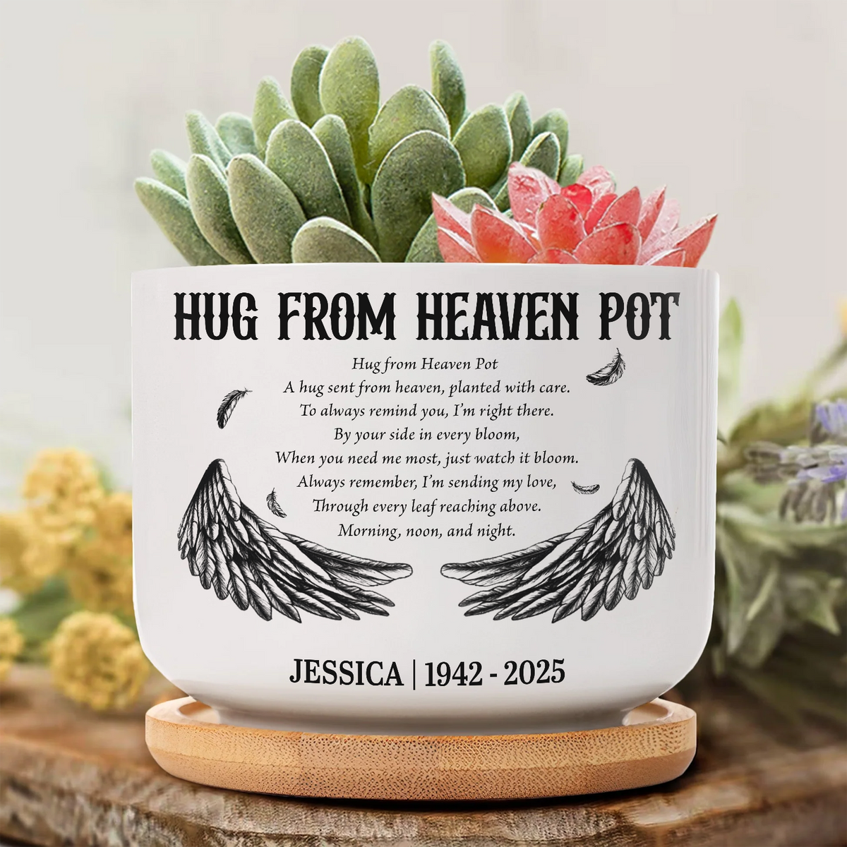 A Hug From Heaven – Personalized Memorial Gift for Loss of Loved One Plant Pot with Bamboo Tray