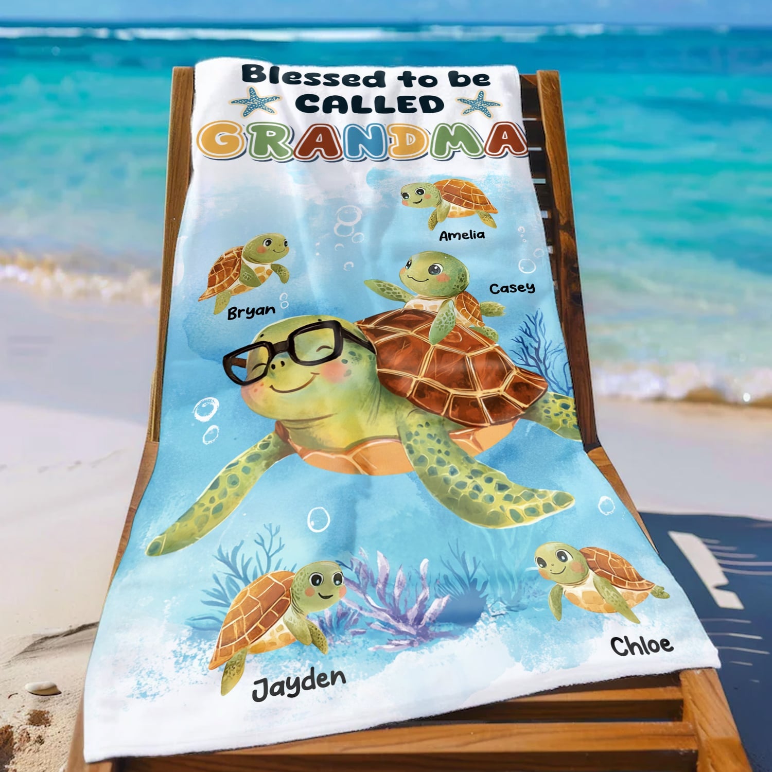 Blessed To Be Called Grandma - Personalized Sea Turtle Beach Towel Gifts For Grandma