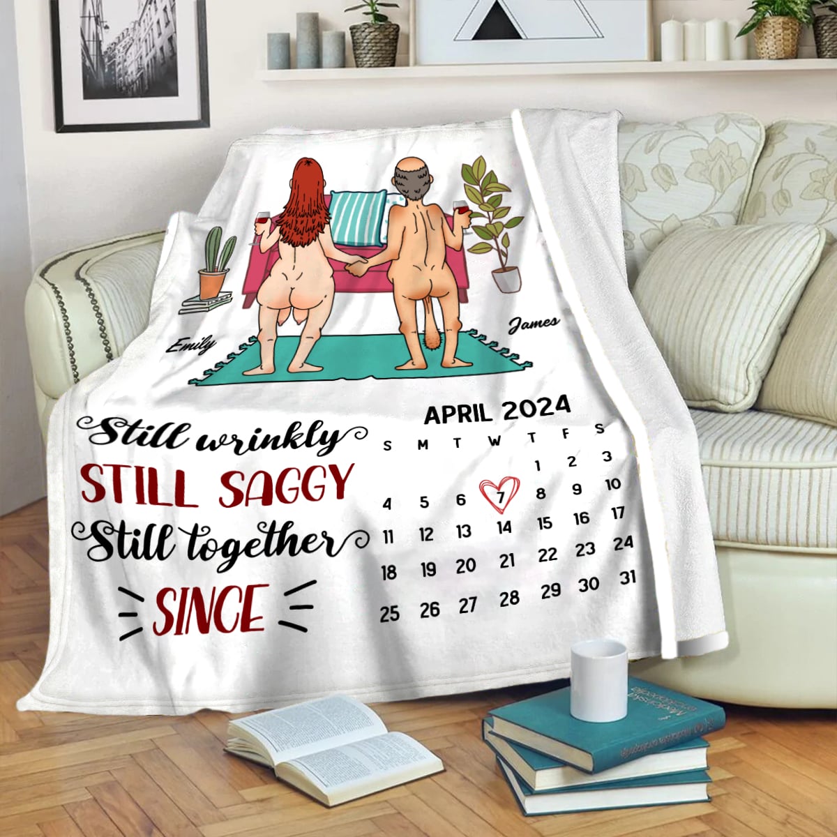 Still Wrinkly, Still Saggy, Still Together - Personalized Funny Naked Calendar Gift for Couple Fleece Blanket