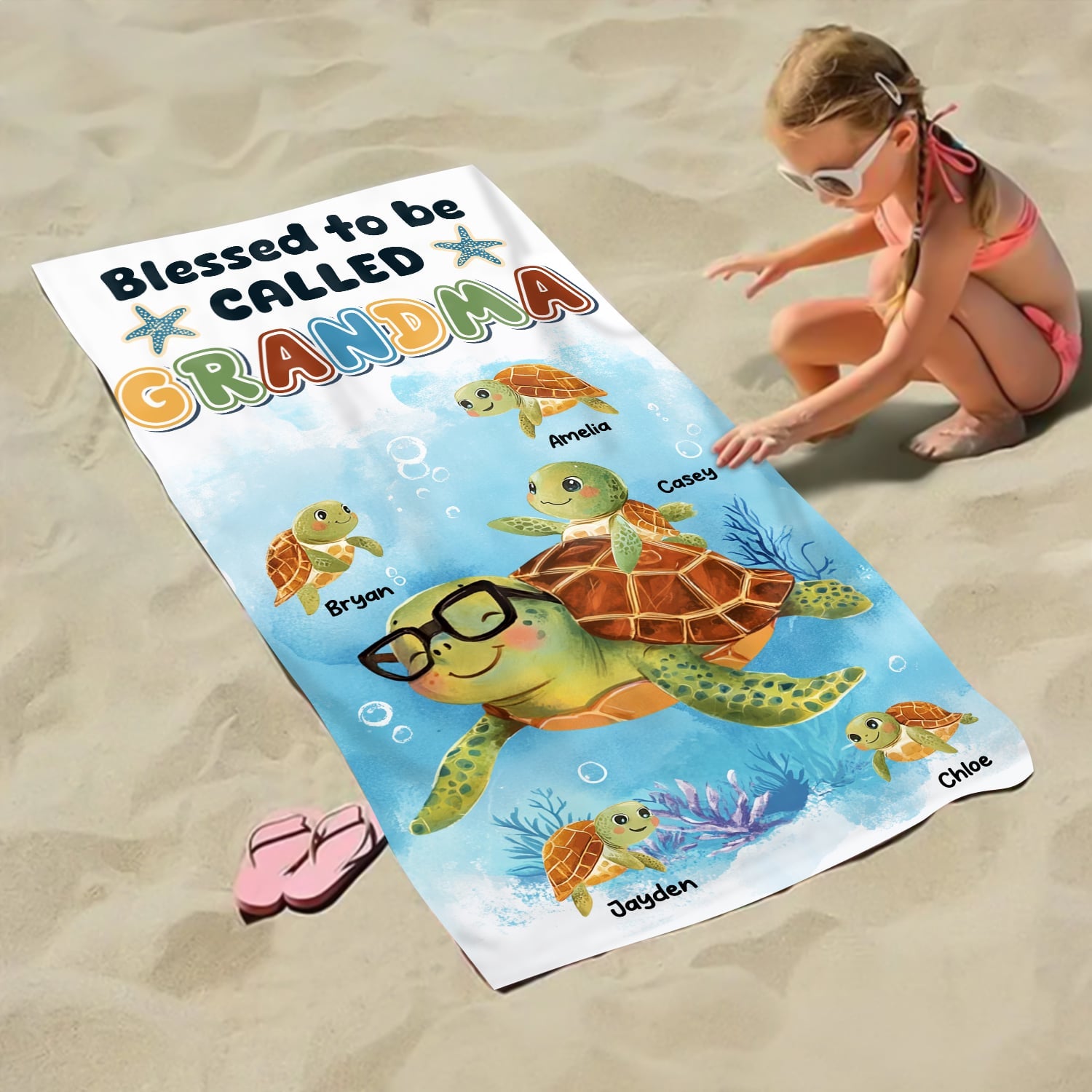Blessed To Be Called Grandma - Personalized Sea Turtle Beach Towel Gifts For Grandma