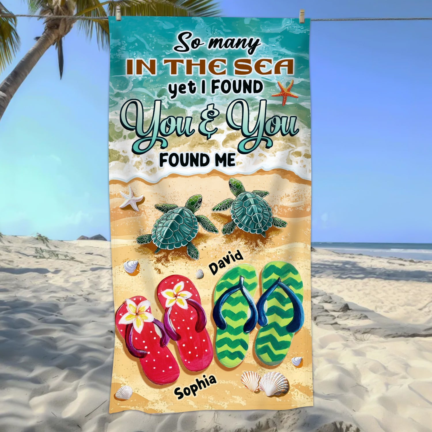 So Many in the Sea - Romantic Personalized Summer Vibe Turtles And Flip Flops Beach Towel Gift for Couple