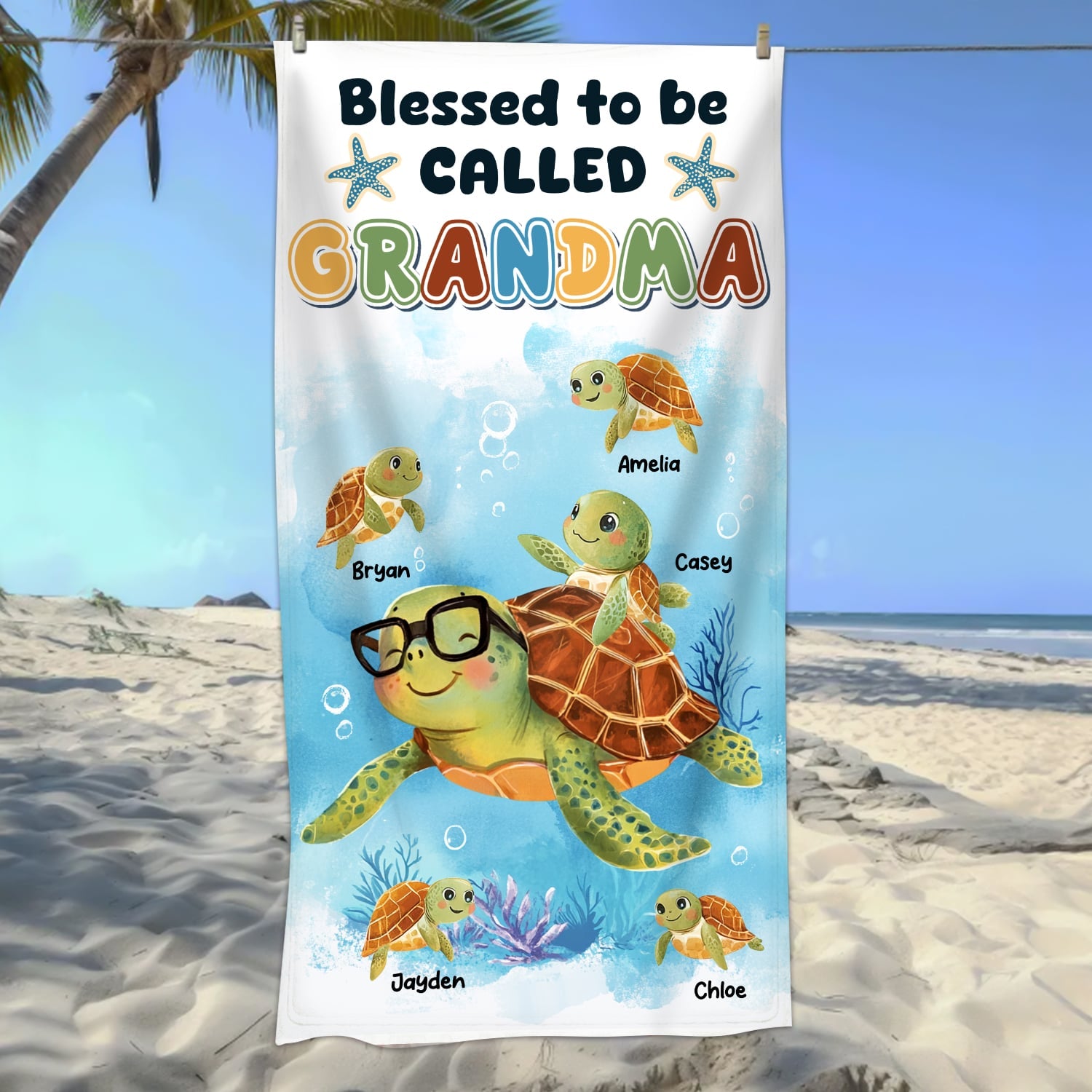Blessed To Be Called Grandma - Personalized Sea Turtle Beach Towel Gifts For Grandma