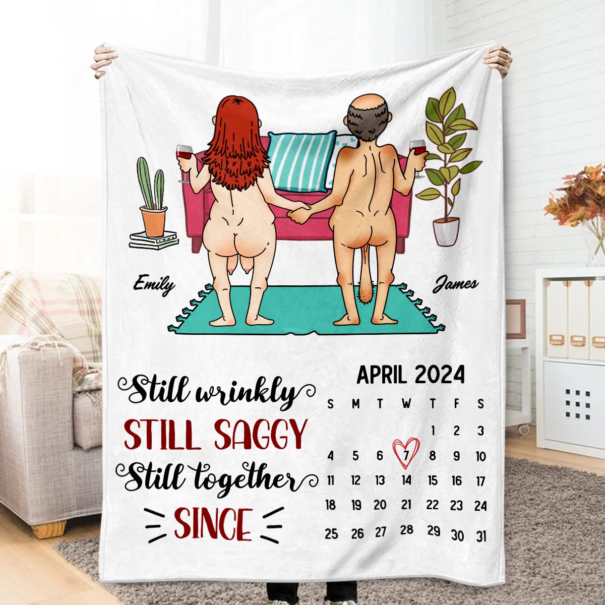 Still Wrinkly, Still Saggy, Still Together - Personalized Funny Naked Calendar Gift for Couple Fleece Blanket