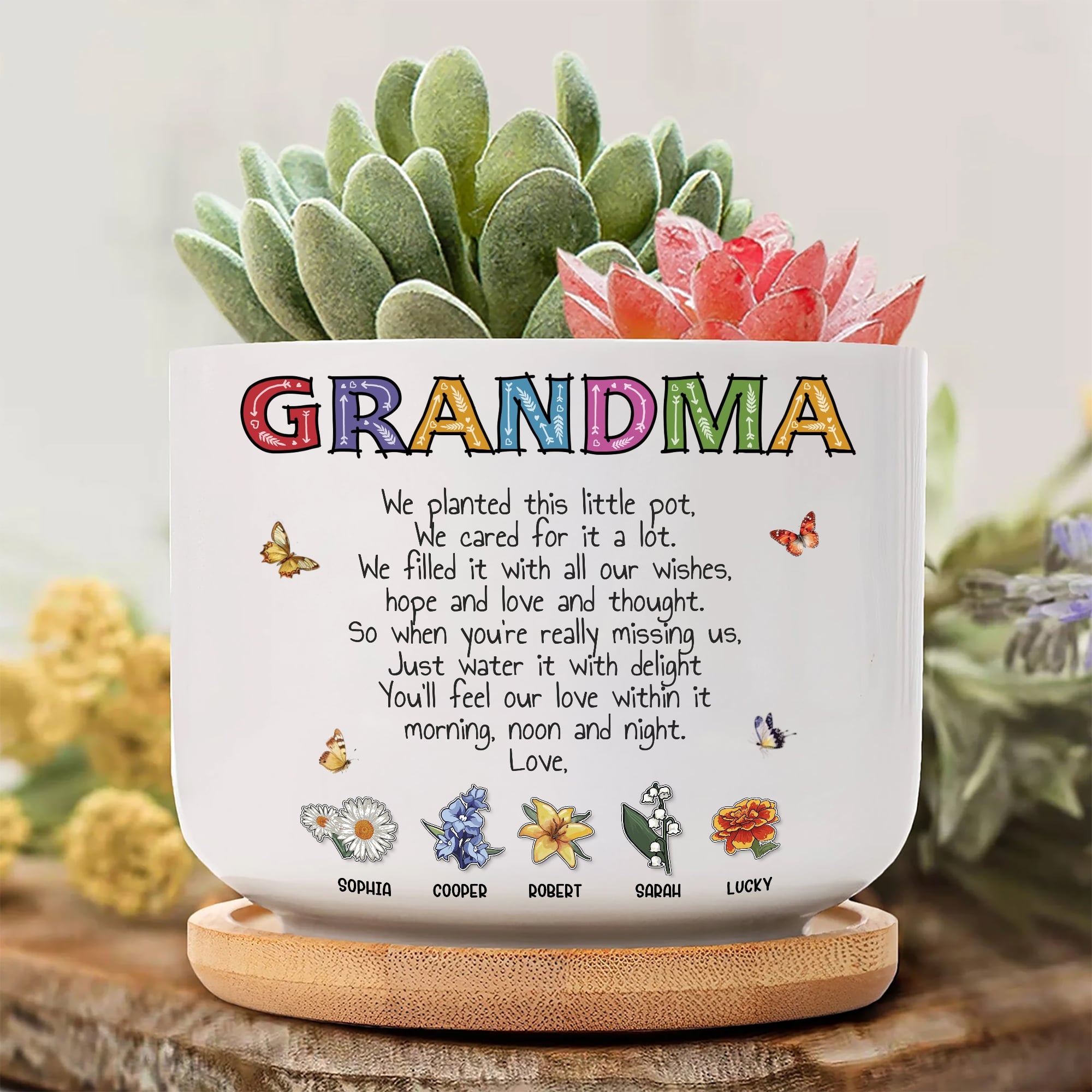 We Planted This Little Pot - Sentimental Personalized Gift for Grandma Birth Month Flowers Ceramic Plant Pot with Bamboo Tray