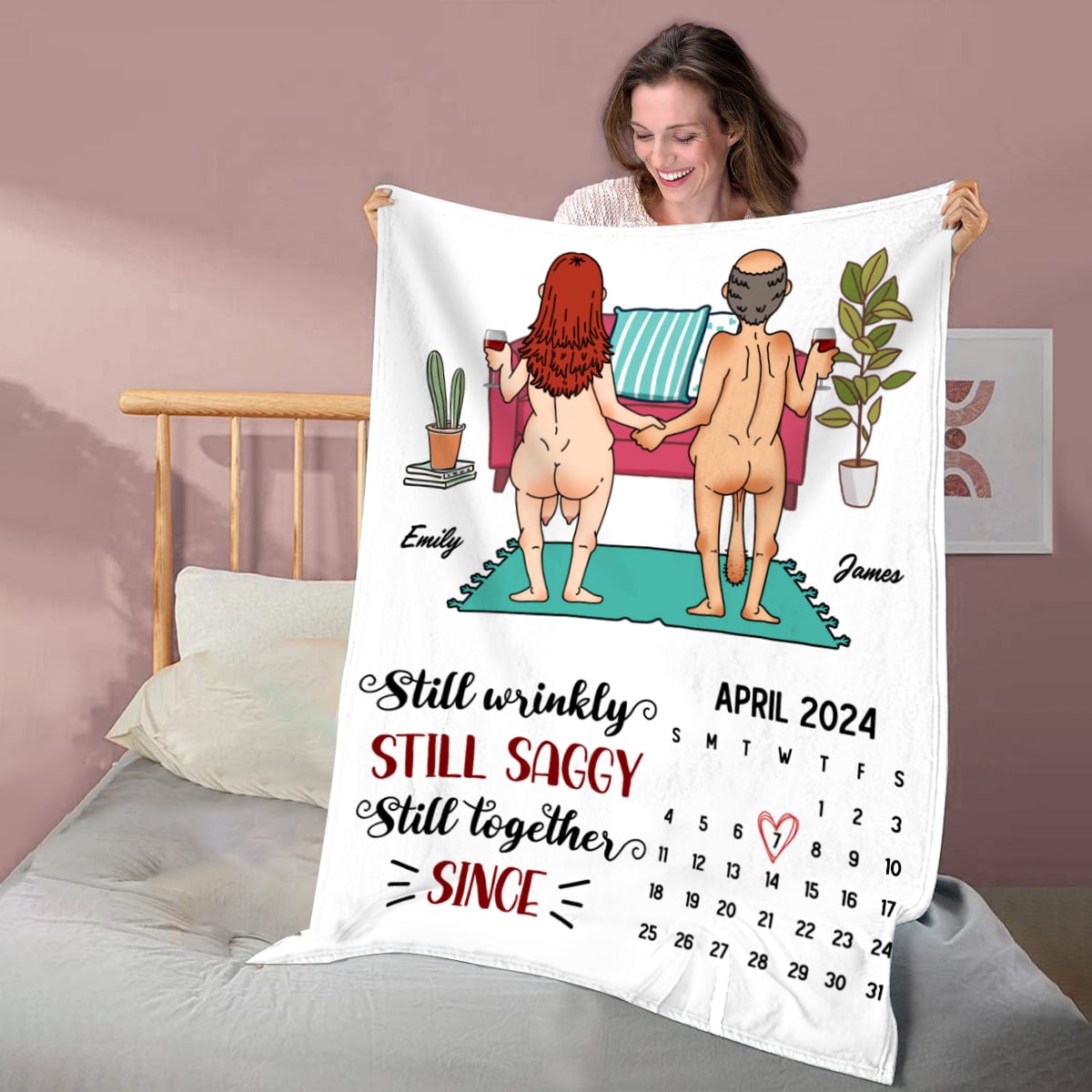 Still Wrinkly, Still Saggy, Still Together - Personalized Funny Naked Calendar Gift for Couple Fleece Blanket