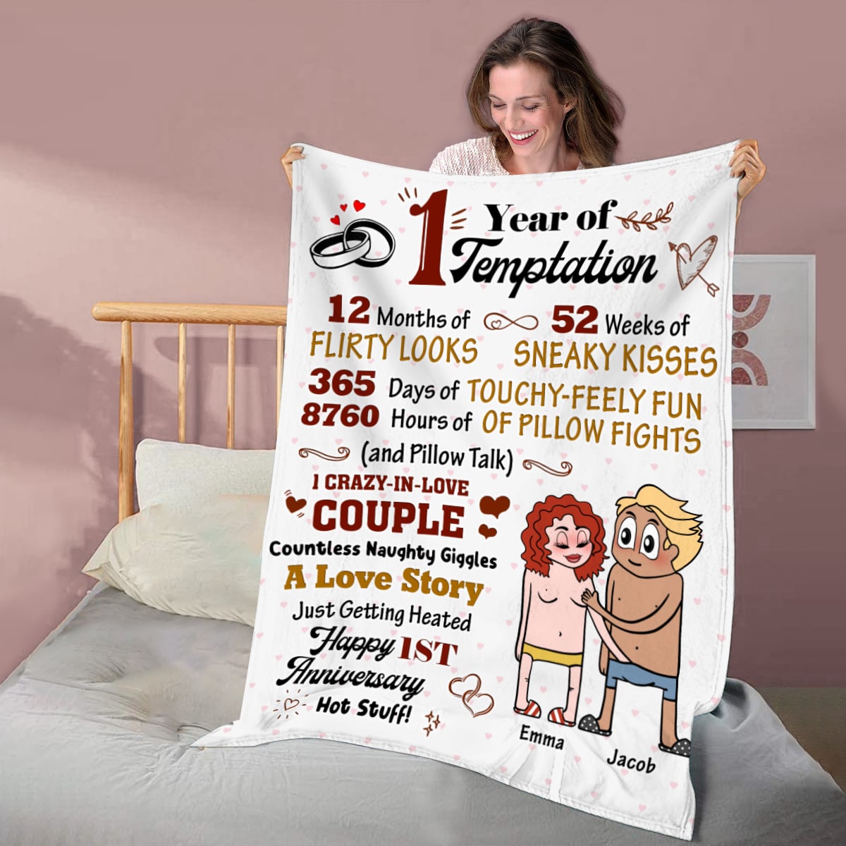 1 Year of Temptation - Personalized Funny 1st Anniversary Gift Nude Couple Fleece Blanket