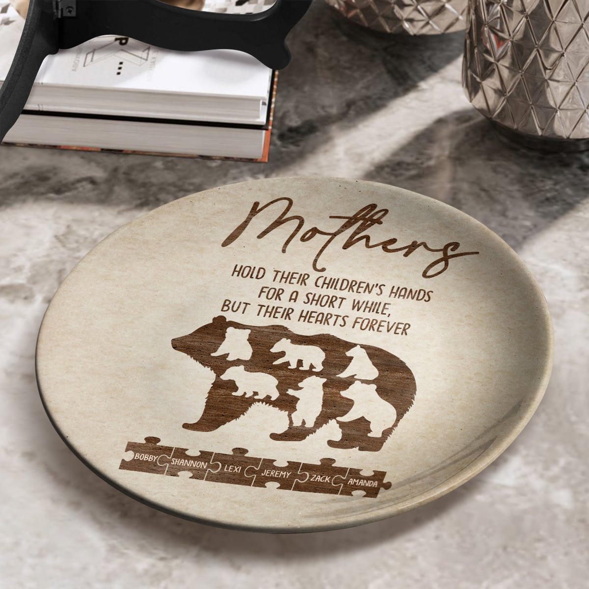 Personalized Mother's Day Gift Mama Bear And Cubs With Child Names Ceramic Plate