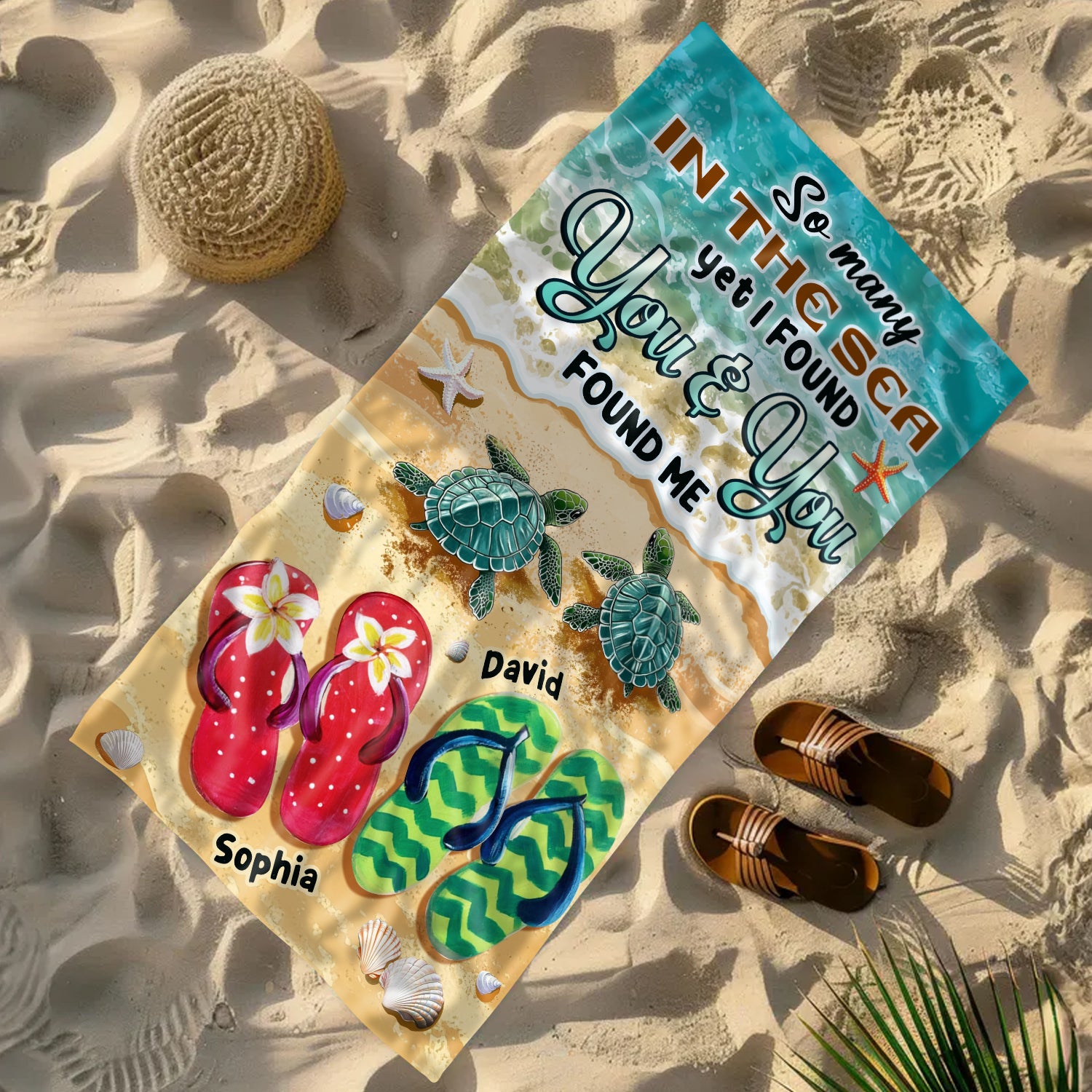 So Many in the Sea - Romantic Personalized Summer Vibe Turtles And Flip Flops Beach Towel Gift for Couple