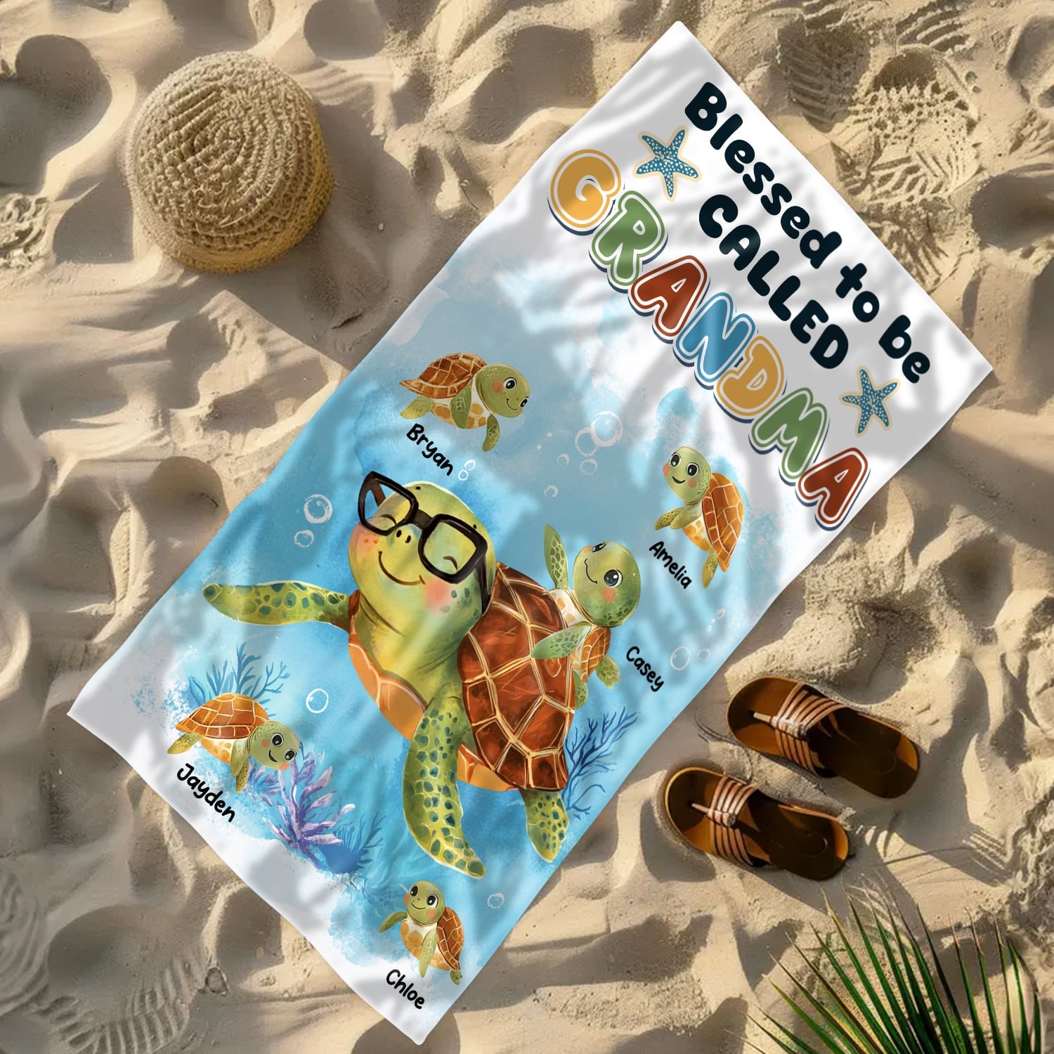 Blessed To Be Called Grandma - Personalized Sea Turtle Beach Towel Gifts For Grandma