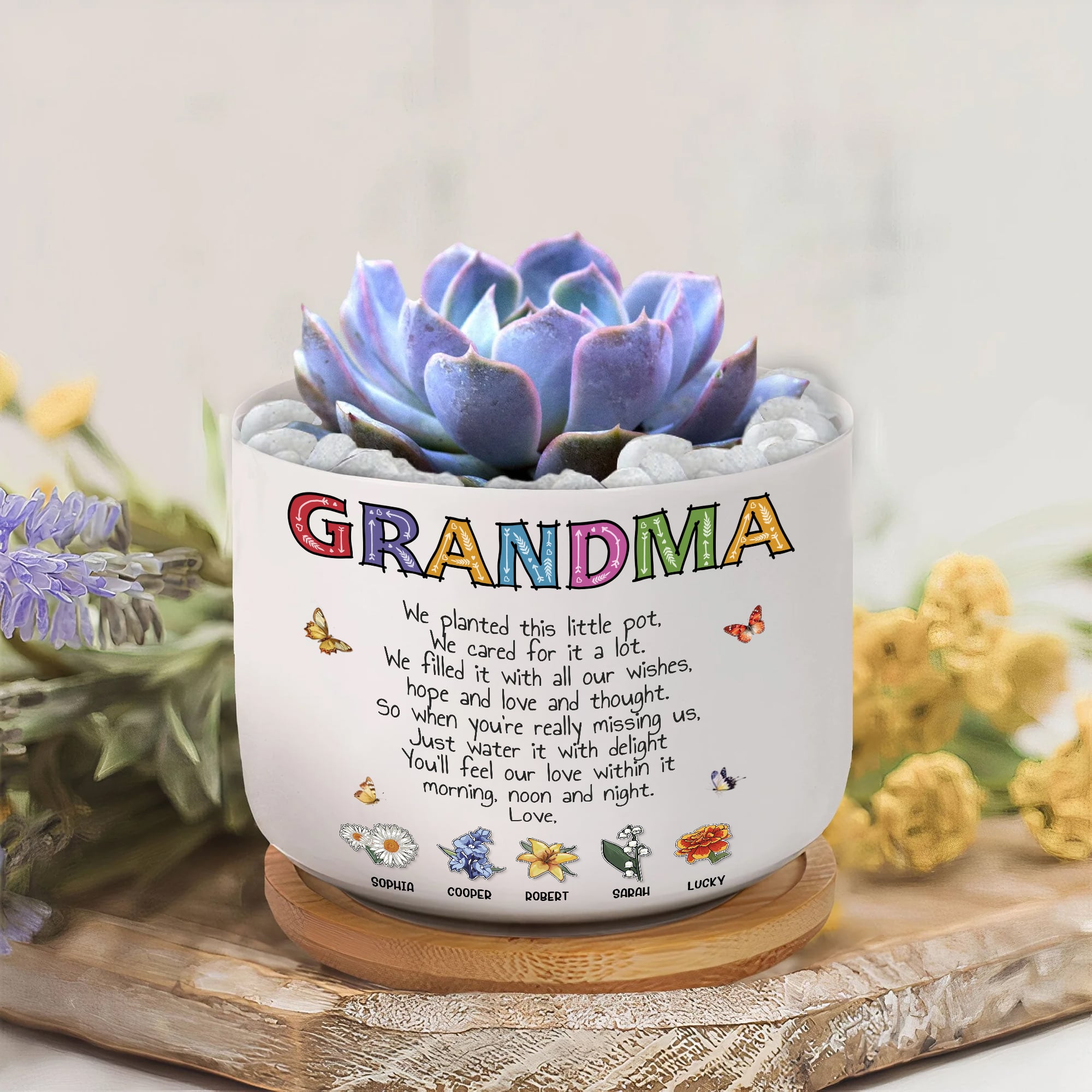 We Planted This Little Pot - Sentimental Personalized Gift for Grandma Birth Month Flowers Ceramic Plant Pot with Bamboo Tray
