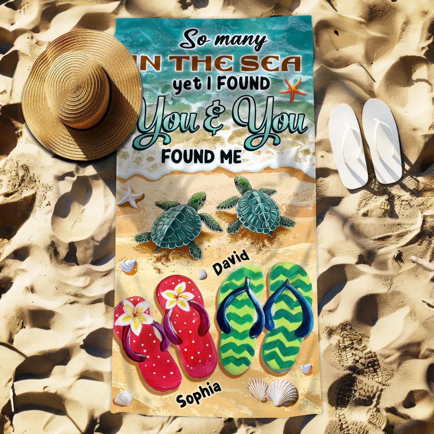 So Many in the Sea - Romantic Personalized Summer Vibe Turtles And Flip Flops Beach Towel Gift for Couple