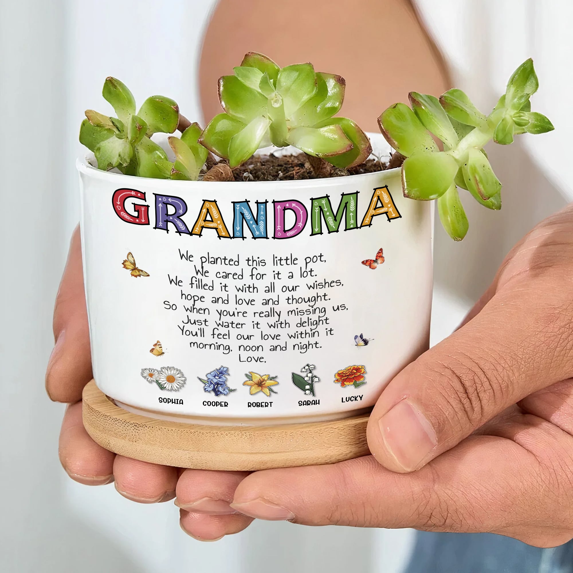 We Planted This Little Pot - Sentimental Personalized Gift for Grandma Birth Month Flowers Ceramic Plant Pot with Bamboo Tray