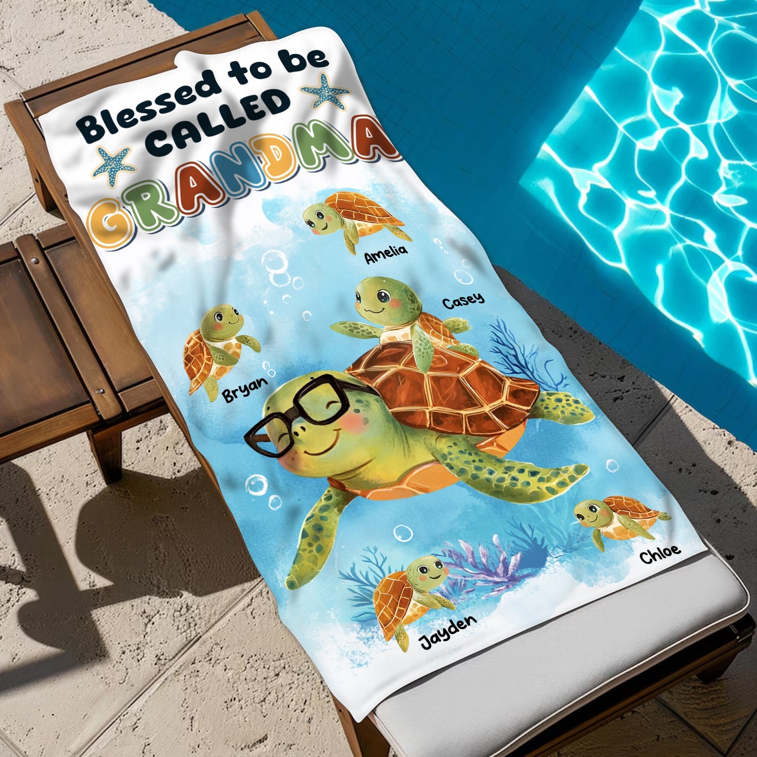 Blessed To Be Called Grandma - Personalized Sea Turtle Beach Towel Gifts For Grandma