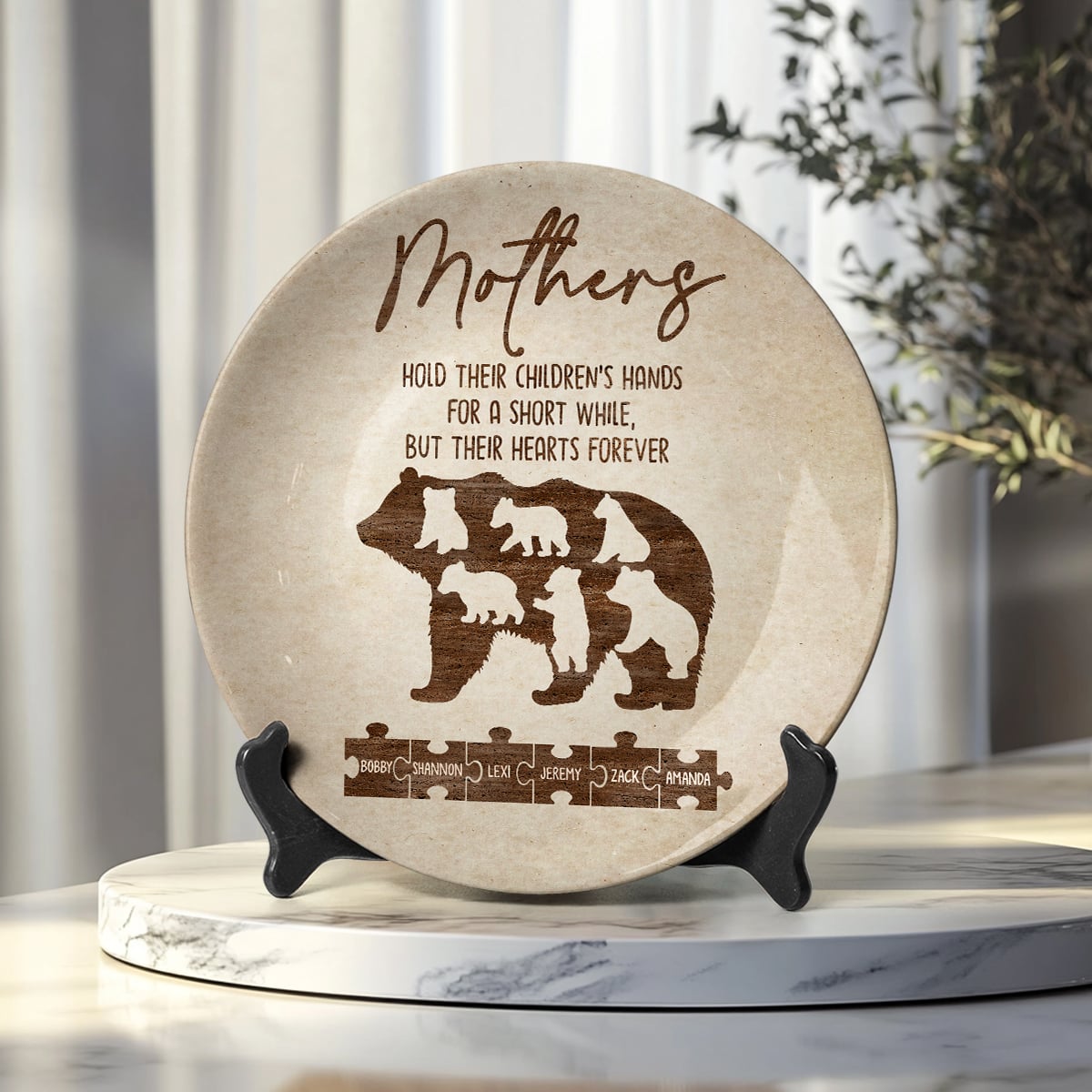 Personalized Mother's Day Gift Mama Bear And Cubs With Child Names Ceramic Plate