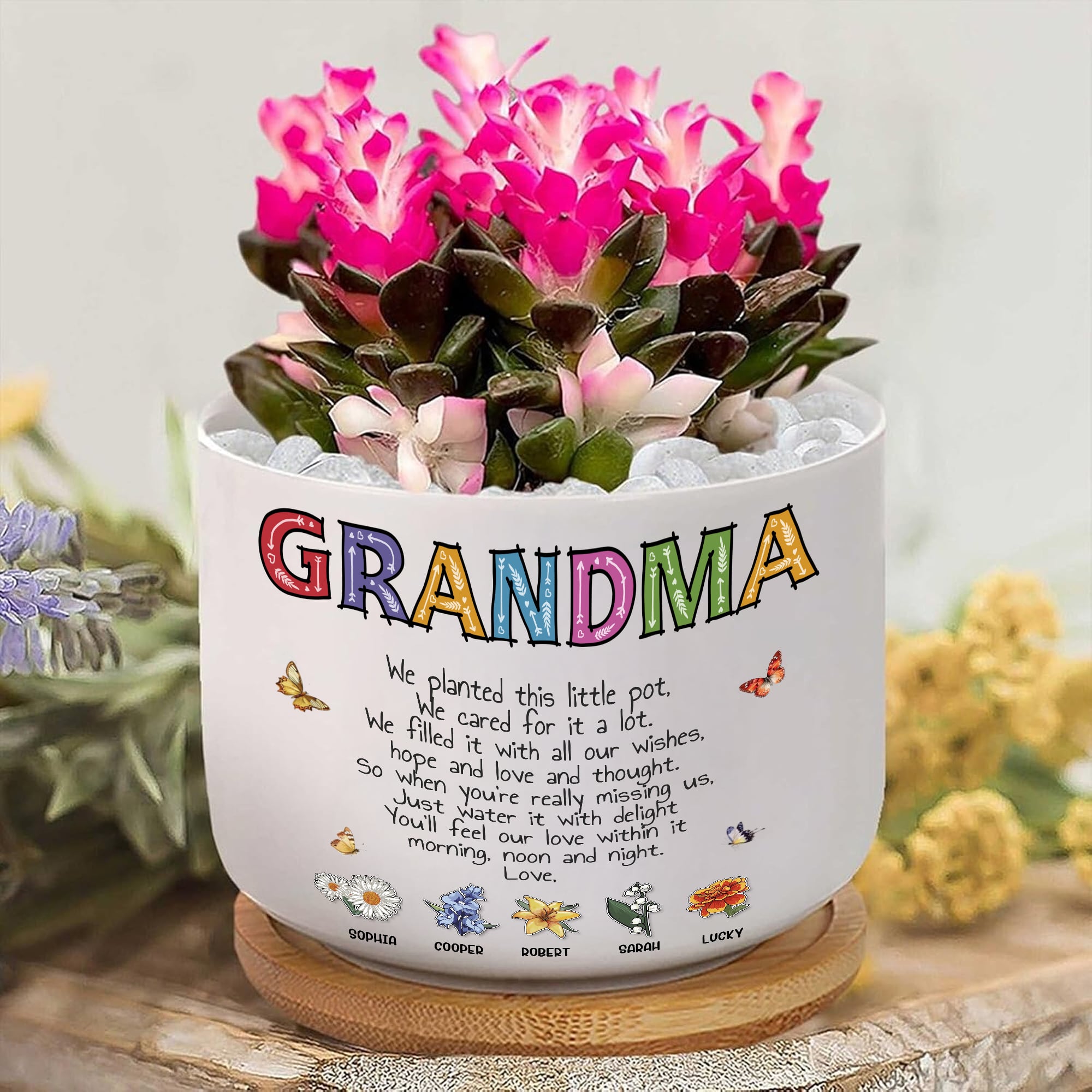 We Planted This Little Pot - Sentimental Personalized Gift for Grandma Birth Month Flowers Ceramic Plant Pot with Bamboo Tray