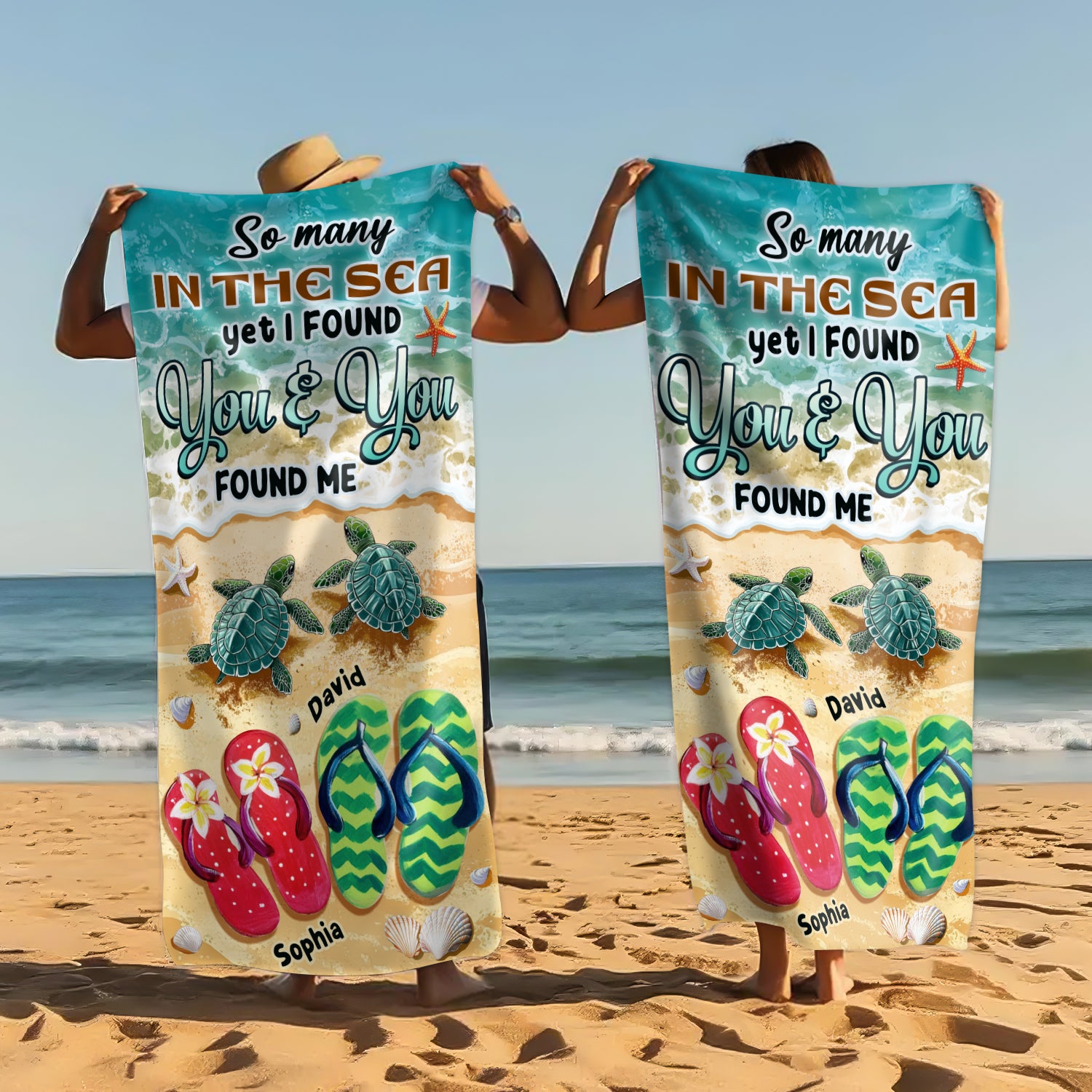 So Many in the Sea - Romantic Personalized Summer Vibe Turtles And Flip Flops Beach Towel Gift for Couple