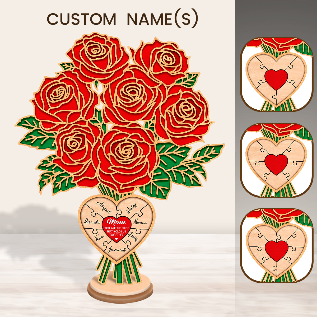 Flowers Rose 2-Layered Wooden Stand Custom Names Mother's Day Gifts