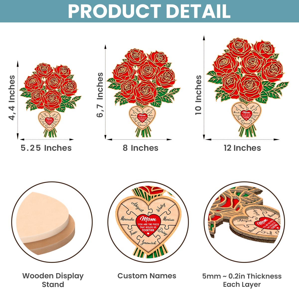 Flowers Rose 2-Layered Wooden Stand Custom Names Mother's Day Gifts