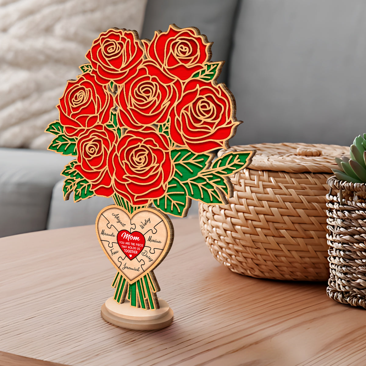Flowers Rose 2-Layered Wooden Stand Custom Names Mother's Day Gifts