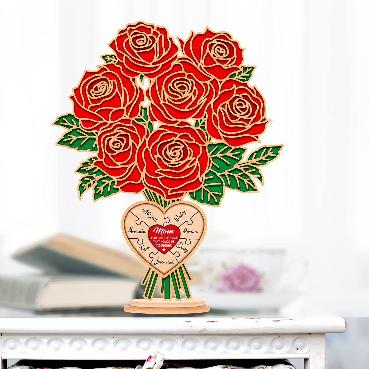 Flowers Rose 2-Layered Wooden Stand Custom Names Mother's Day Gifts
