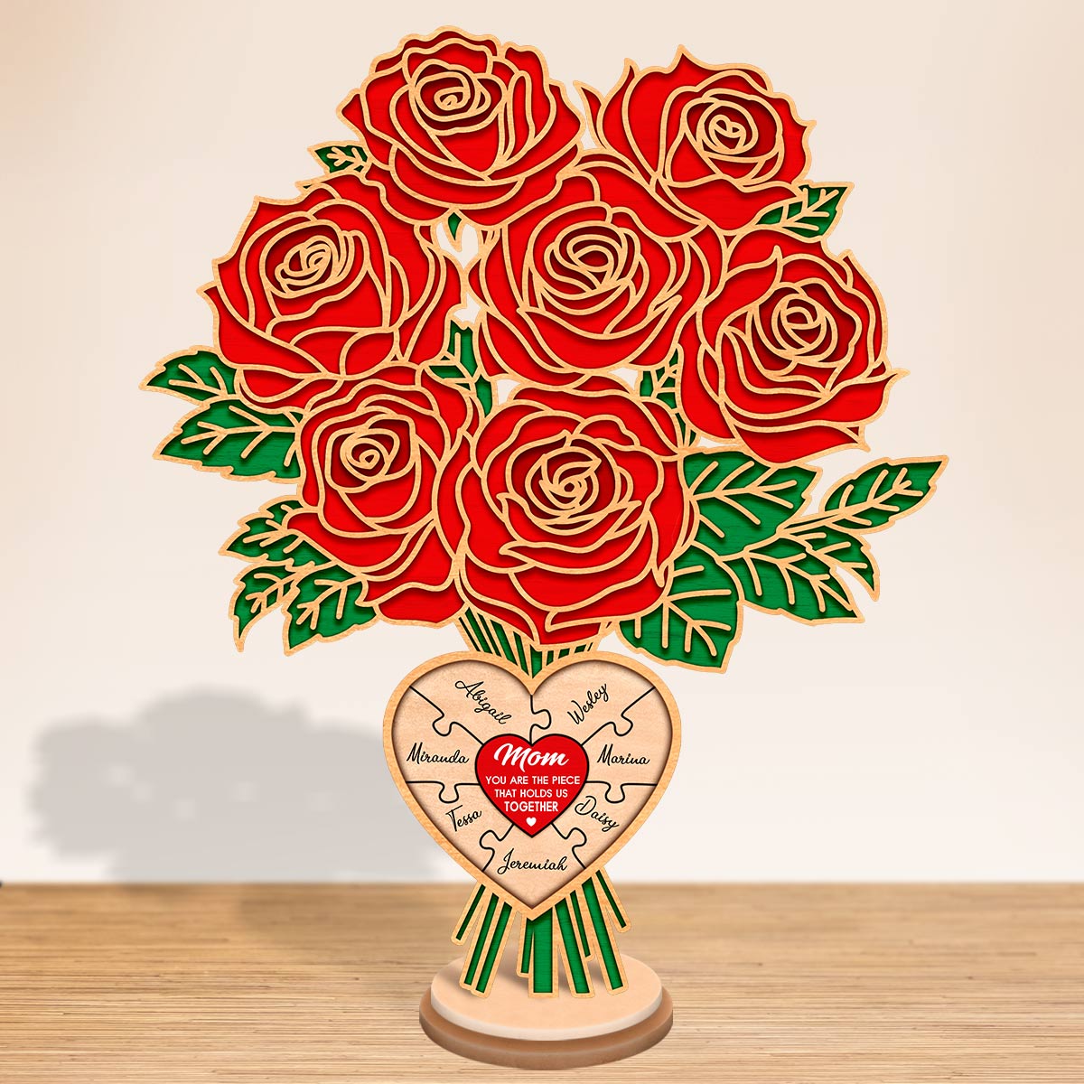 Flowers Rose 2-Layered Wooden Stand Custom Names Mother's Day Gifts