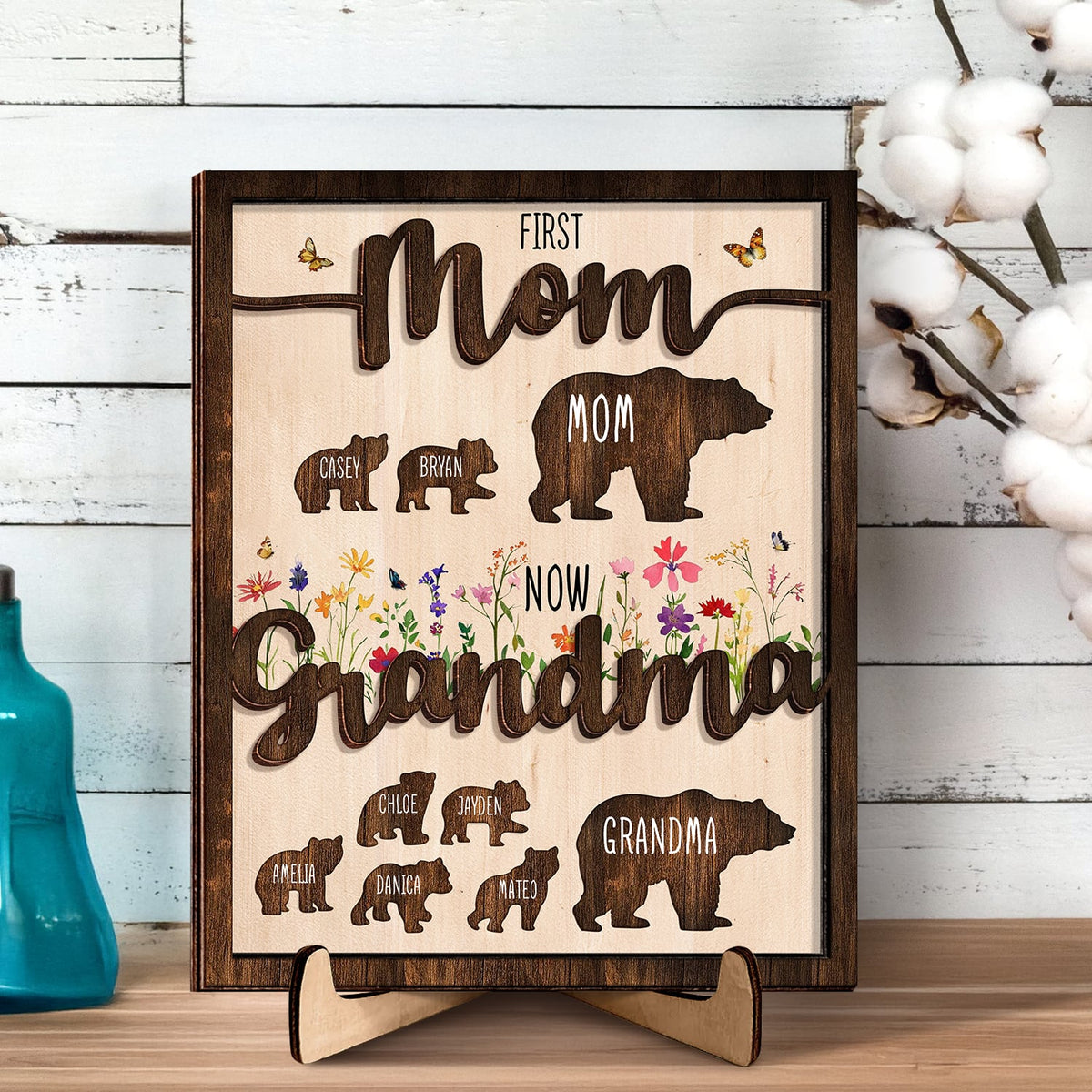 Mothers Day Gift For Mom And Grandma Personalized Mama Bear Wood Sign With Kids Name 2-Layered Wooden
