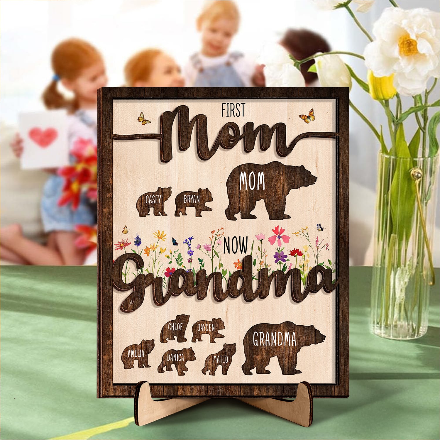 Mothers Day Gift For Mom And Grandma Personalized Mama Bear Wood Sign With Kids Name 2-Layered Wooden