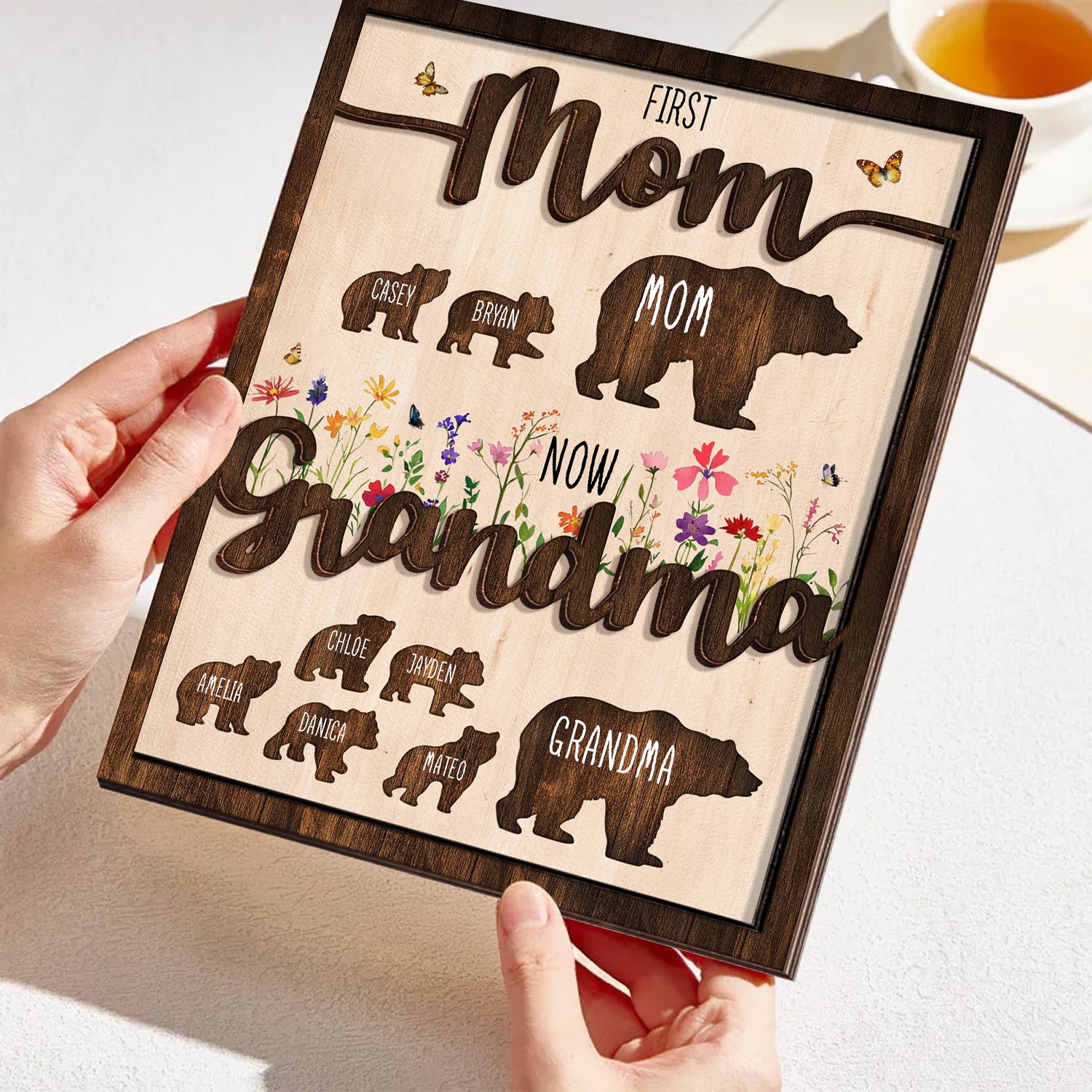 Mothers Day Gift For Mom And Grandma Personalized Mama Bear Wood Sign With Kids Name 2-Layered Wooden