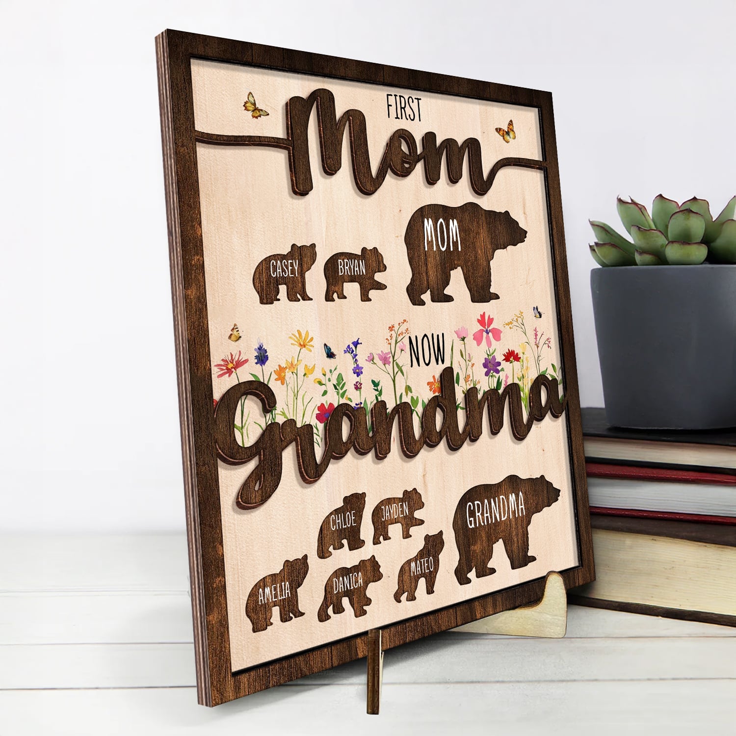 Mothers Day Gift For Mom And Grandma Personalized Mama Bear Wood Sign With Kids Name 2-Layered Wooden