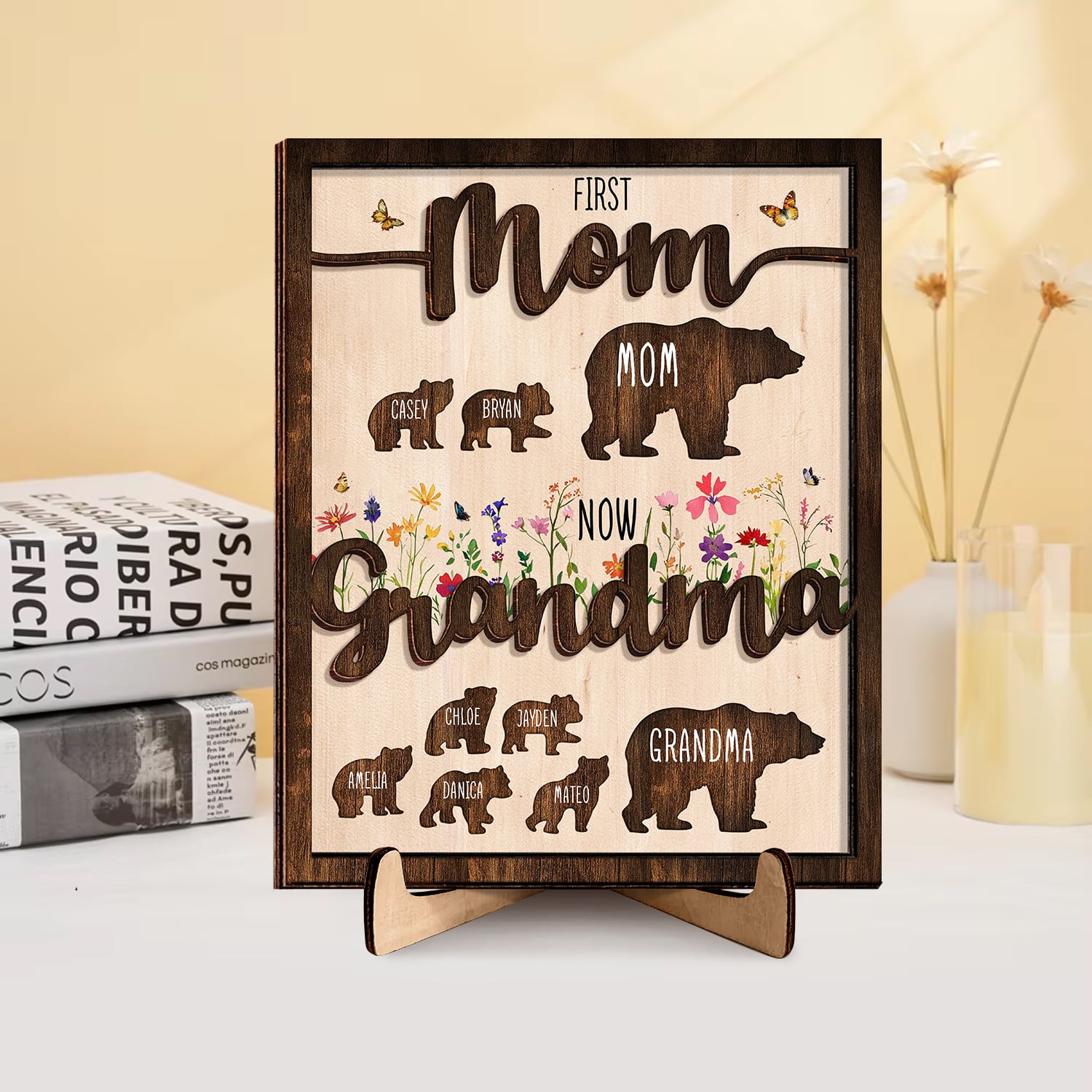 Mothers Day Gift For Mom And Grandma Personalized Mama Bear Wood Sign With Kids Name 2-Layered Wooden