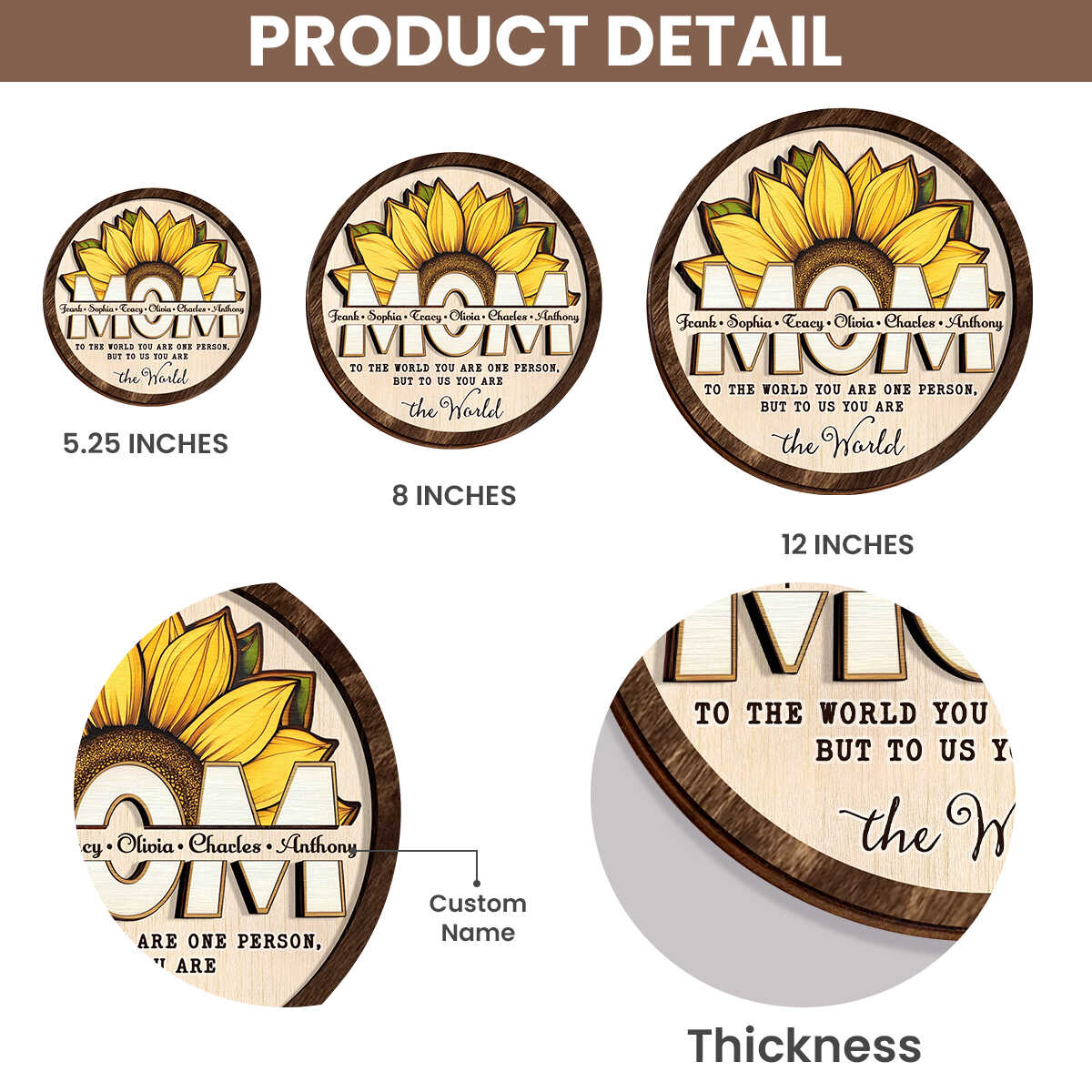 Personalized Mother's Day 2-Layer Wood Plaque To The World Sunflower Gift For Mom