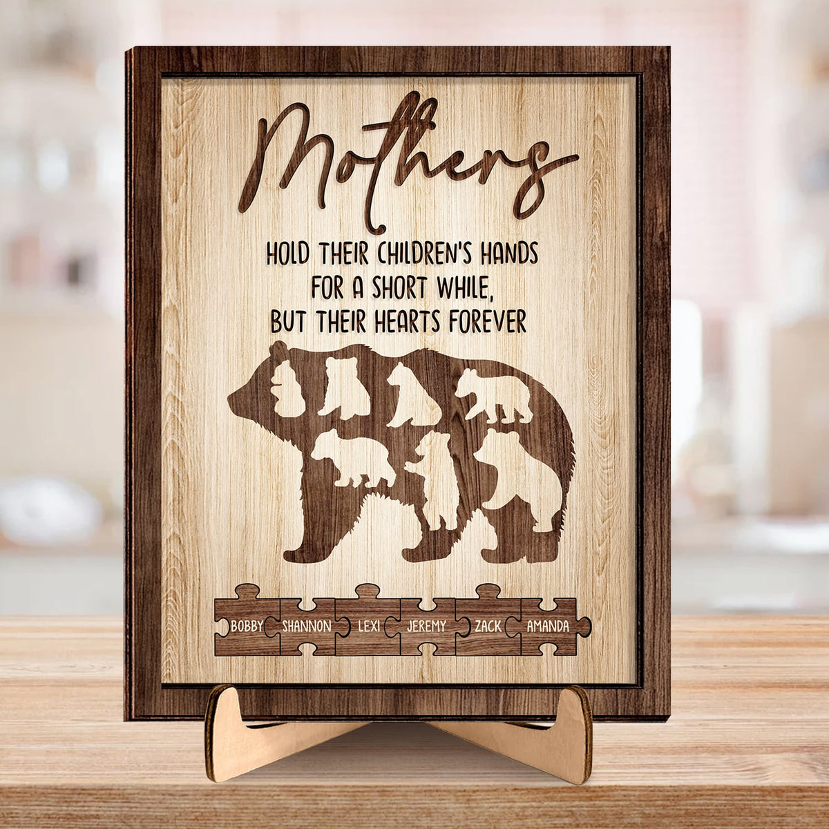 Personalized Mother&#39;s Day 2-Layer Wooden Plaque Mama Bear And Cubs With Child Names Gift