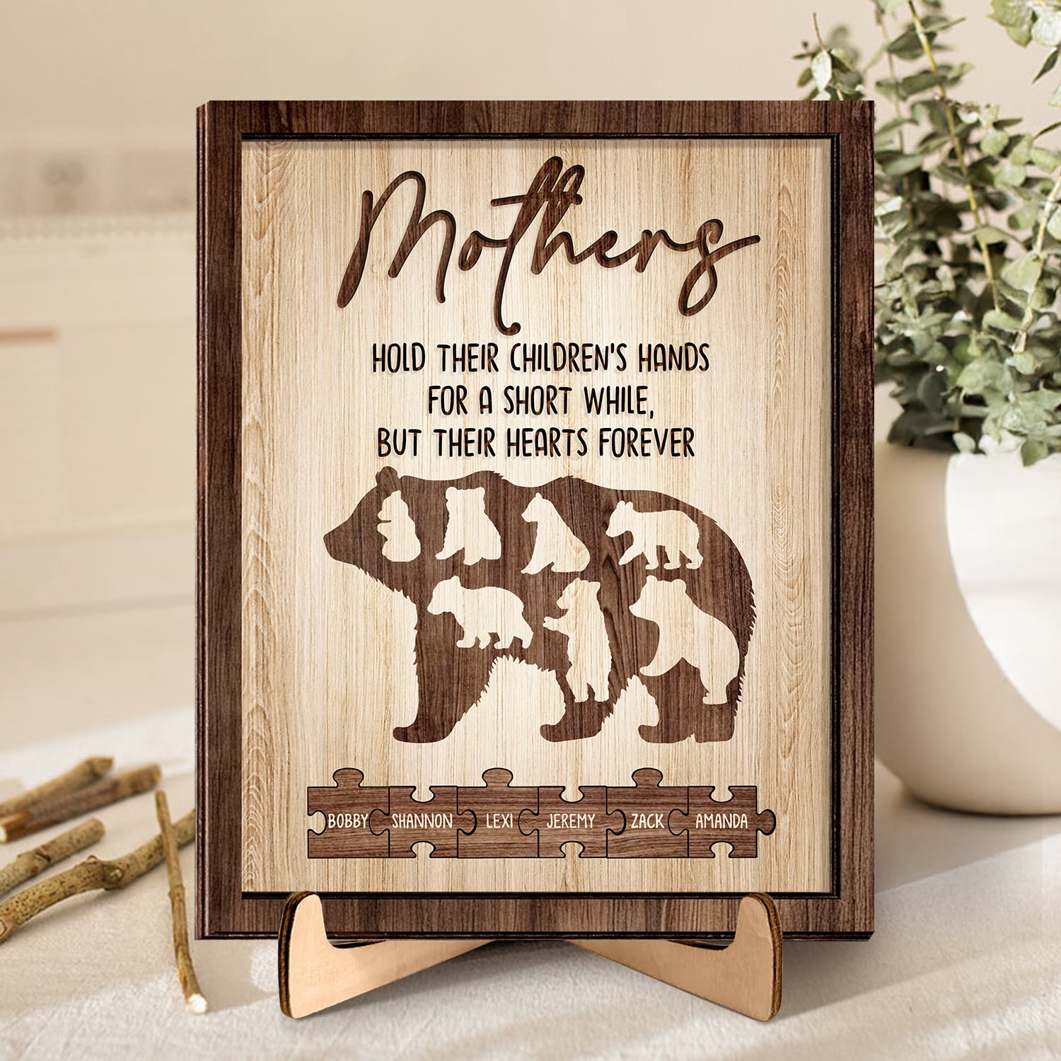 Personalized Mother's Day 2-Layer Wooden Plaque Mama Bear And Cubs With Child Names Gift