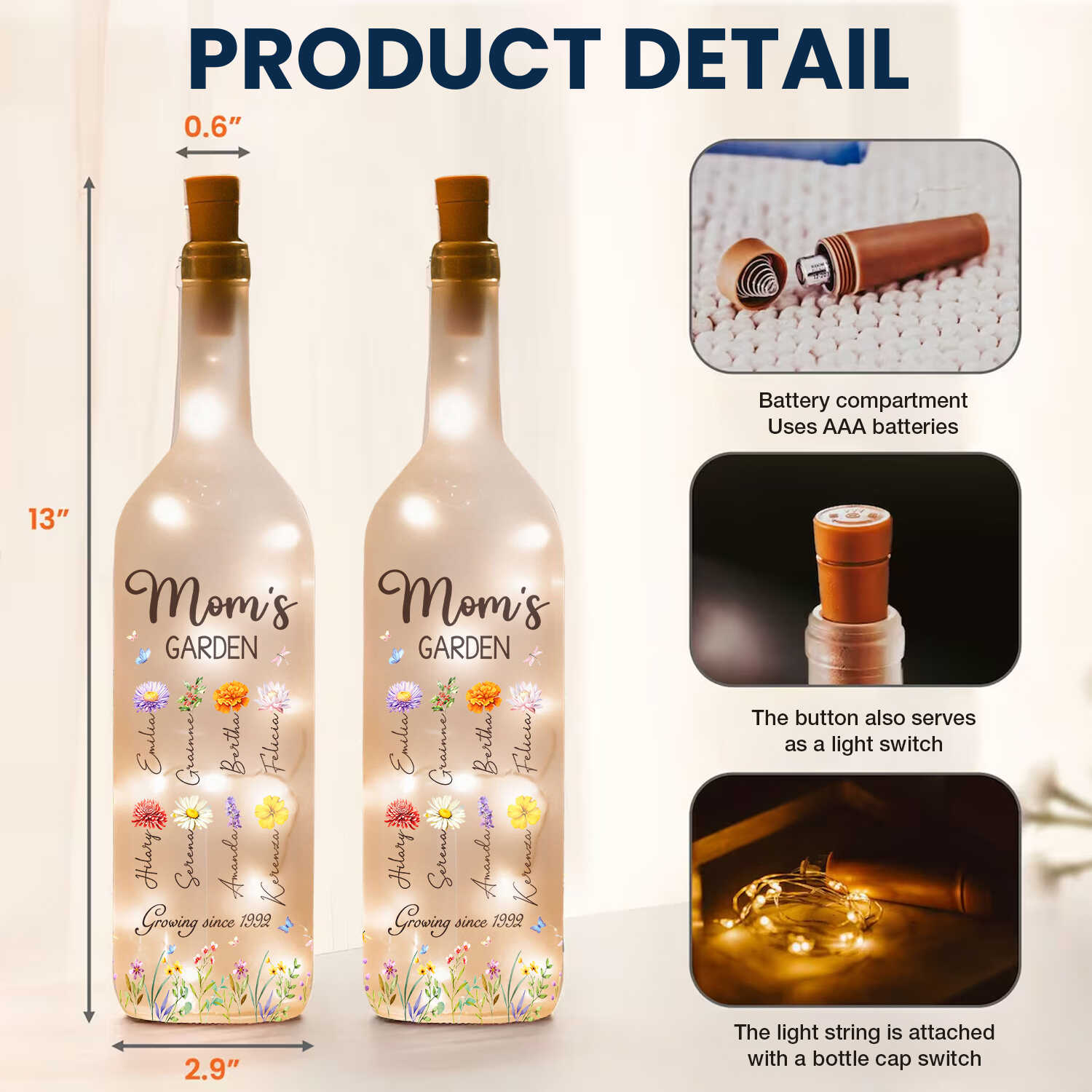 Personalized Mothers Day Gifts Mom's Garden Bottle Lamp