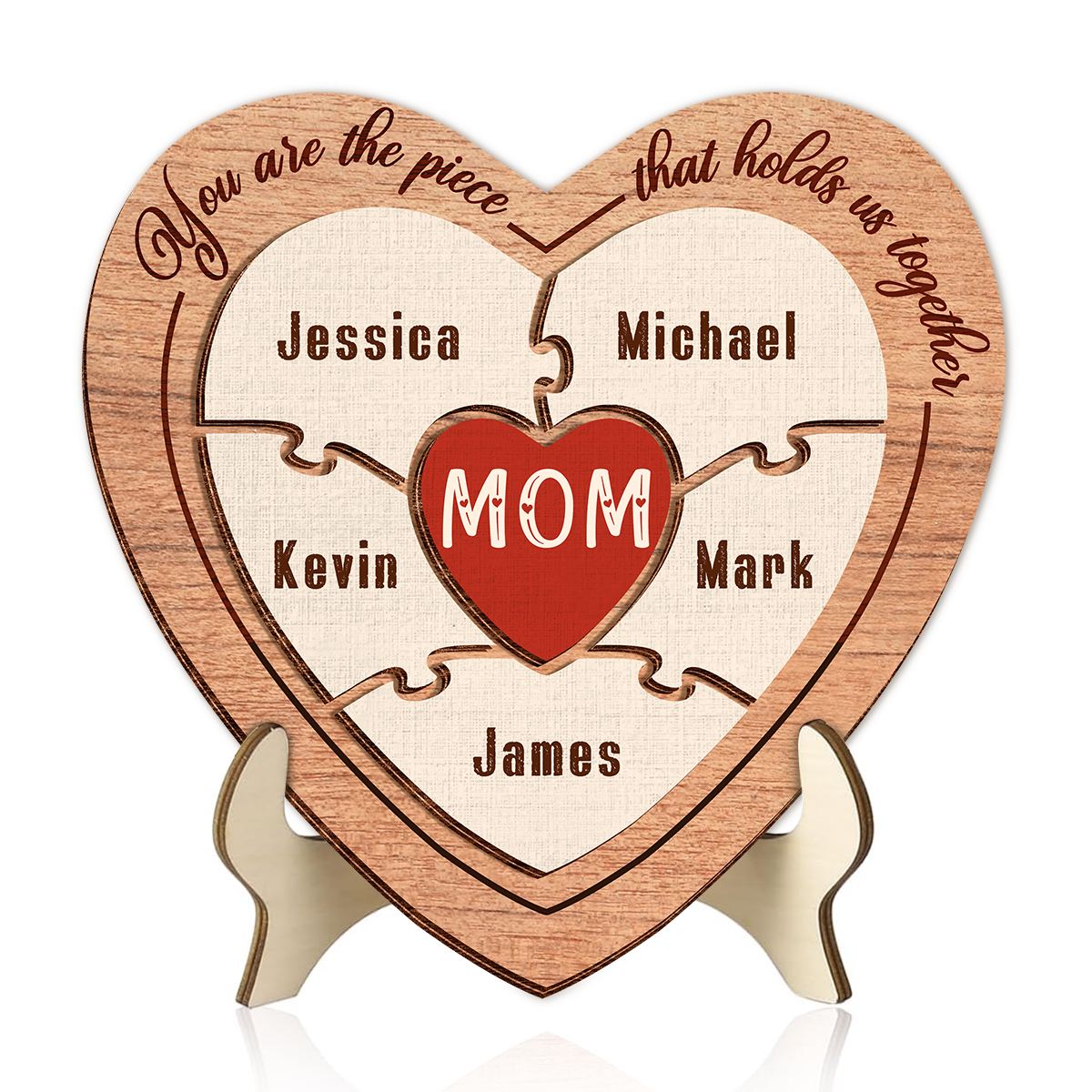 Personalized Gift for Mother’s Day Heart Puzzle Custom Names Wooden Plaque