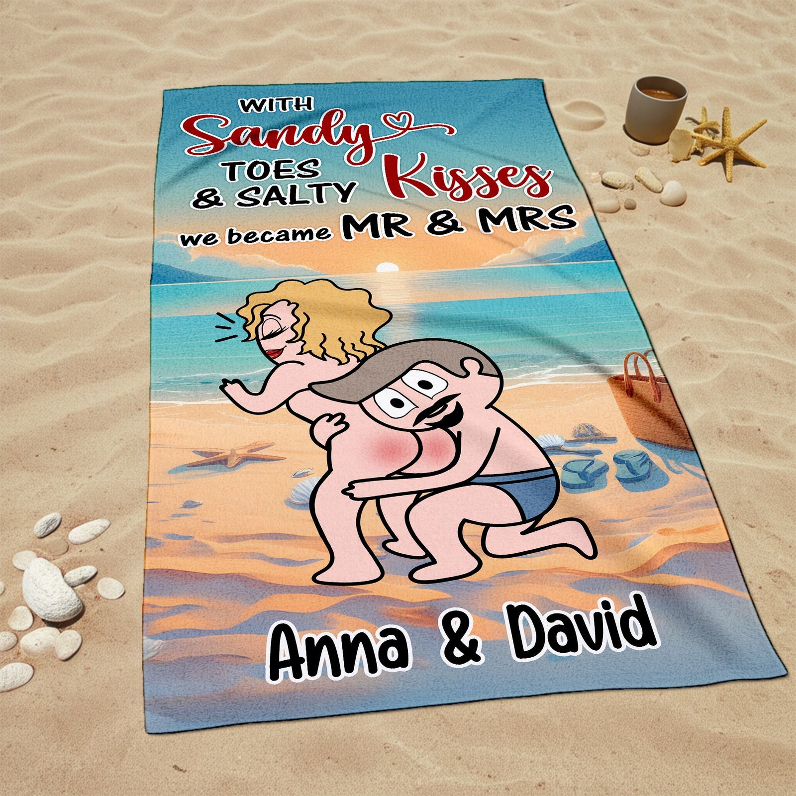 With Sandy Toes & Salty Kisses - Personalized Couple Beach Towel with Custom Names