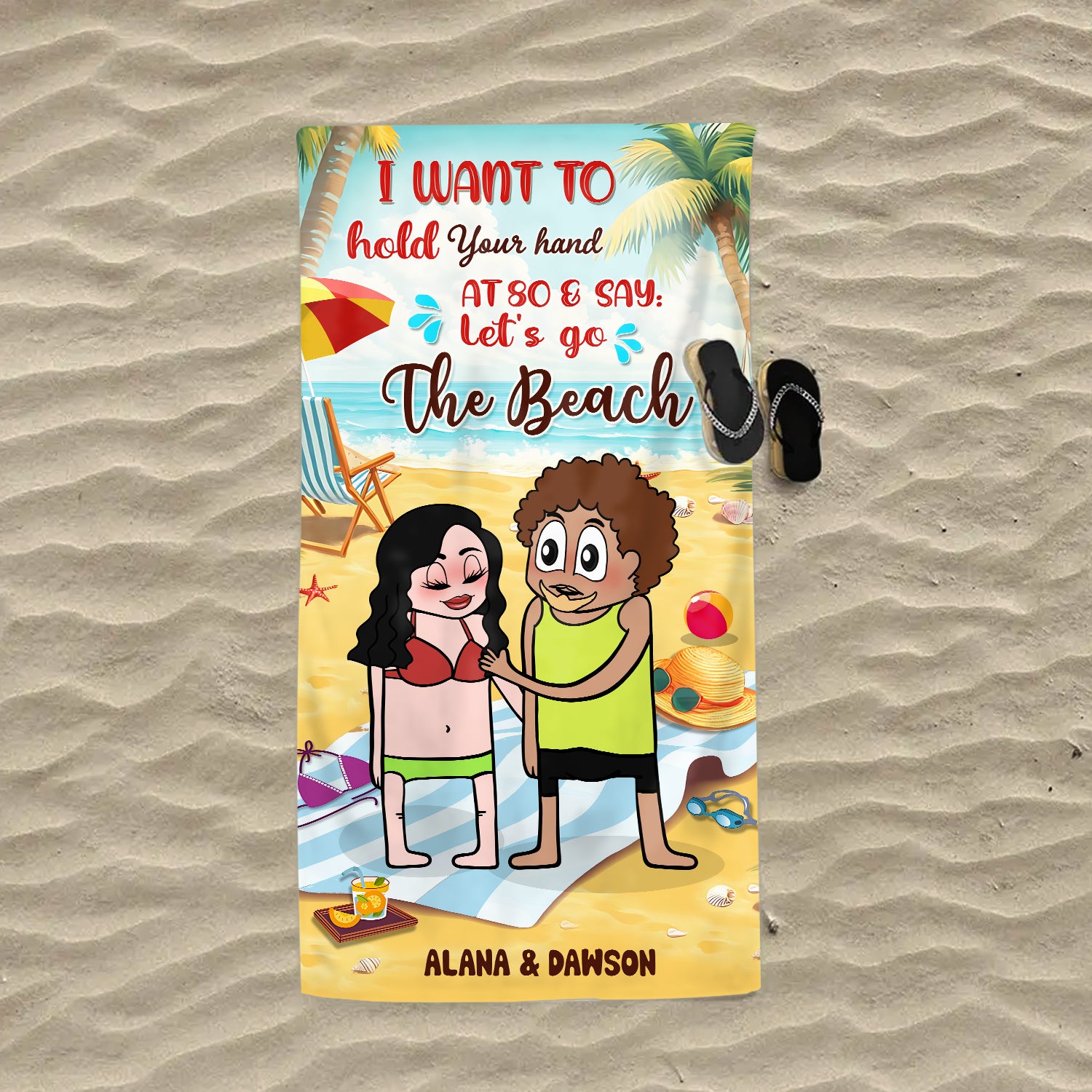 I Want To Hold Your Hand - Personalized Gift for Couples Funny Custom Names Beach Towel