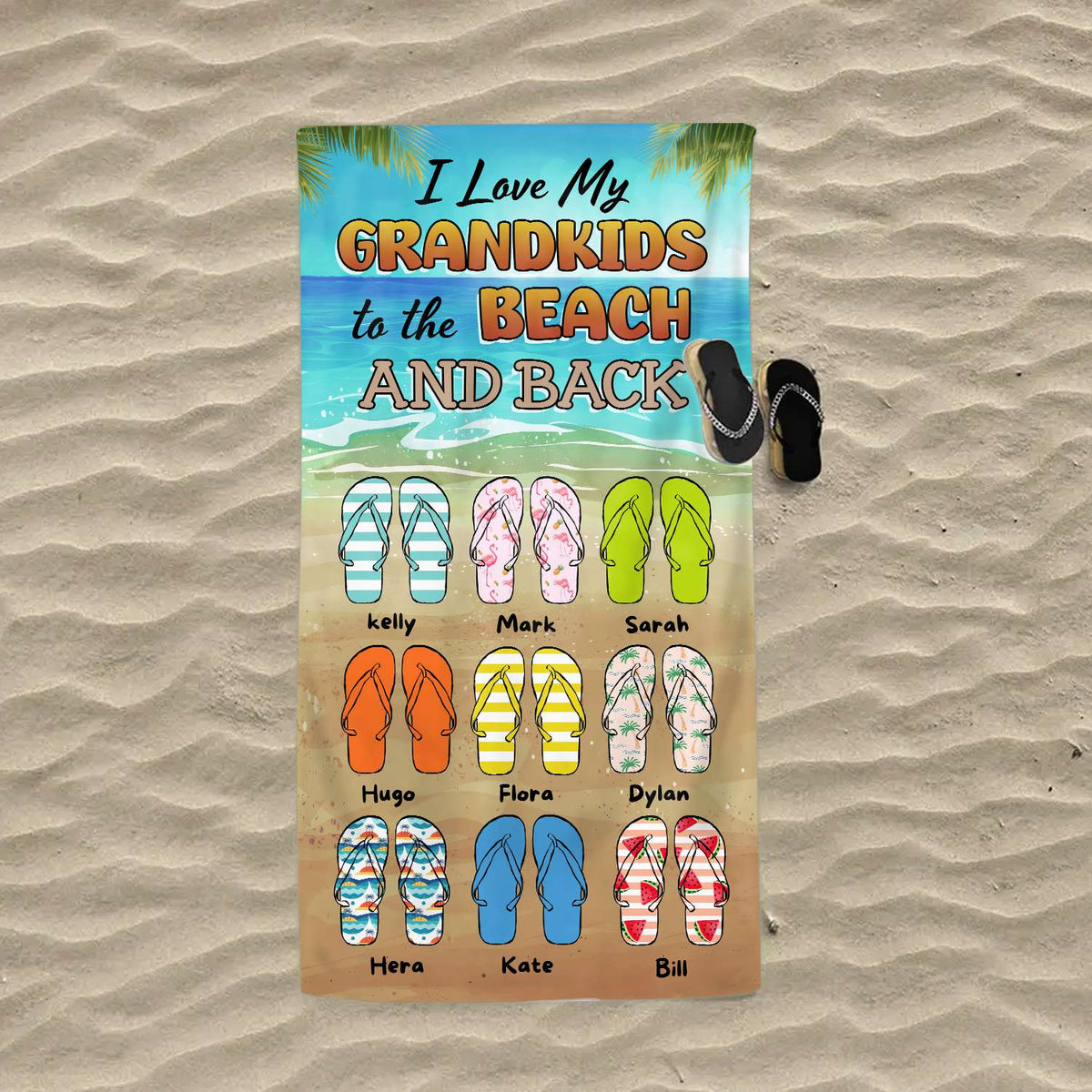 Love My Grandkids To the Beach and Back - Personalized Flip-Flops Beach Towel Gifts For Grandma