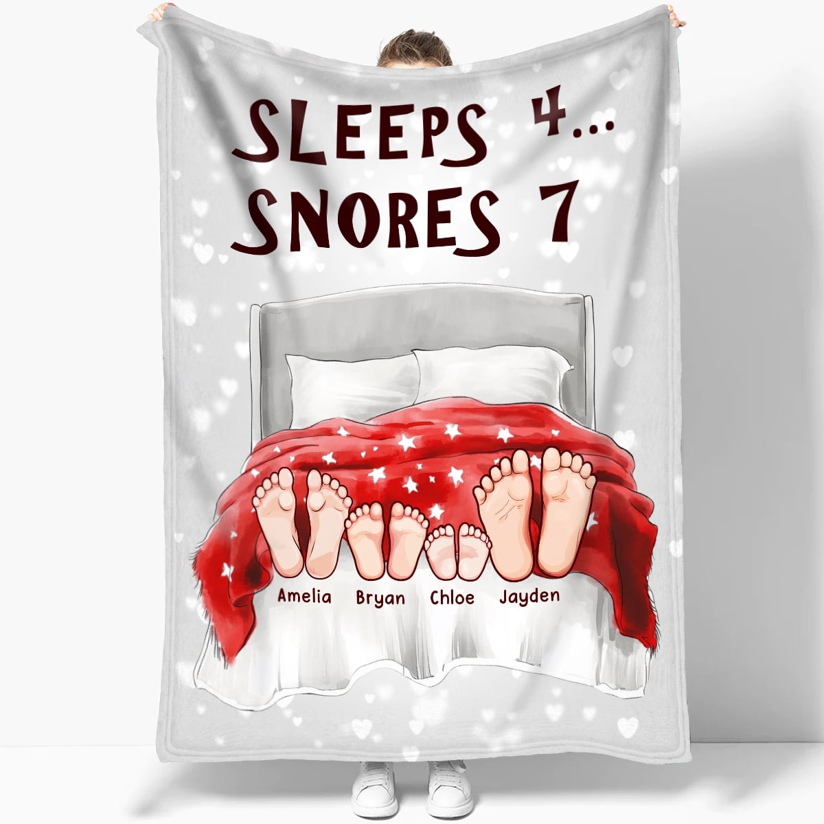 Sleeps 4 Snores 7 - Funny Personalized Family Fleece Blanket Custom Name Gift for Parents And Kids