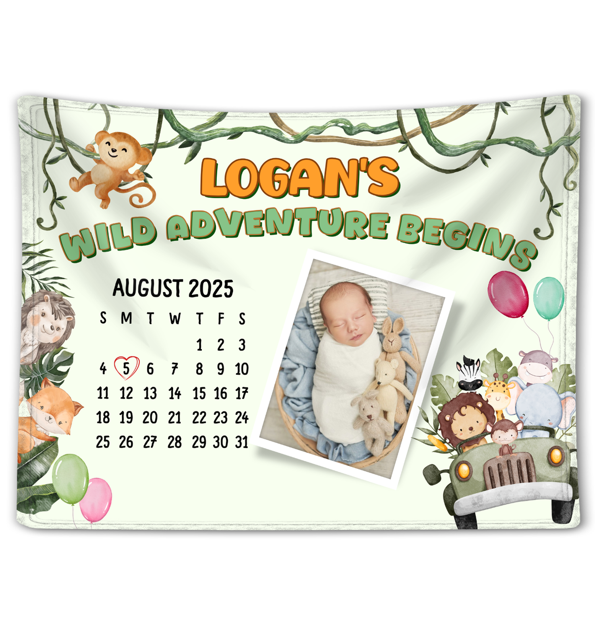Wild Adventure Begins - Personalized Gift for Baby Safari Theme Custom Name And Date Fleece Blanket