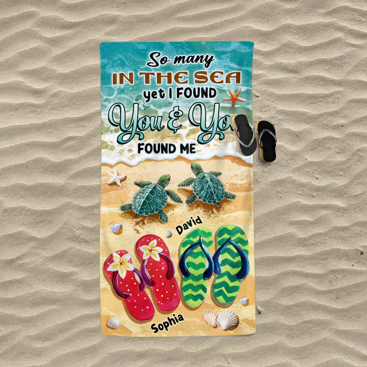 So Many in the Sea - Romantic Personalized Summer Vibe Turtles And Flip Flops Beach Towel Gift for Couple