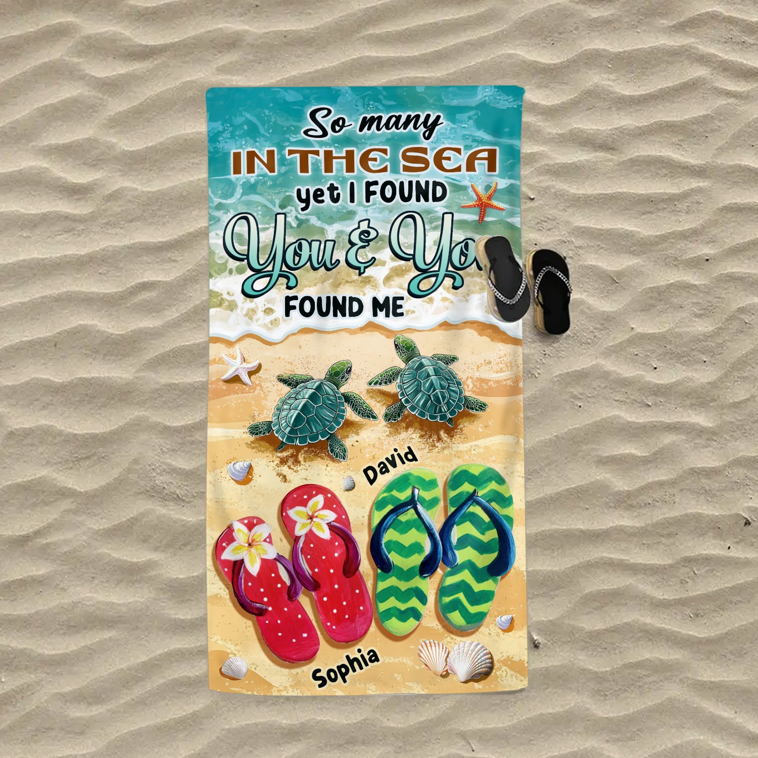 So Many in the Sea - Romantic Personalized Summer Vibe Turtles And Flip Flops Beach Towel Gift for Couple